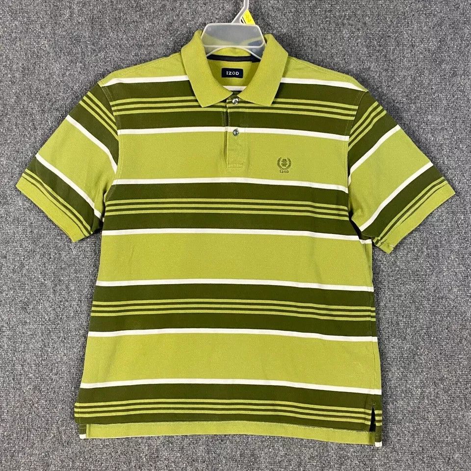 Izod Izod Polo Shirt Men's Medium Cotton Adults Green Striped M 