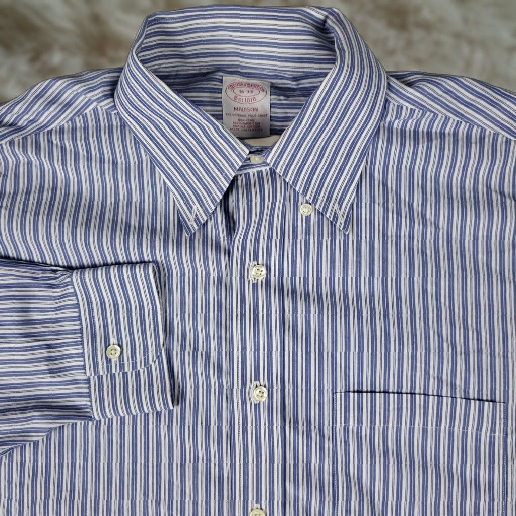 Brooks Brothers Brooks Brothers Dress Shirt Mens 16 Blue Madison Striped Button-Down Long Sleeve Regular Cotton Non-Iron, Classic American 90s? Size 42R - 1 Thumbnail