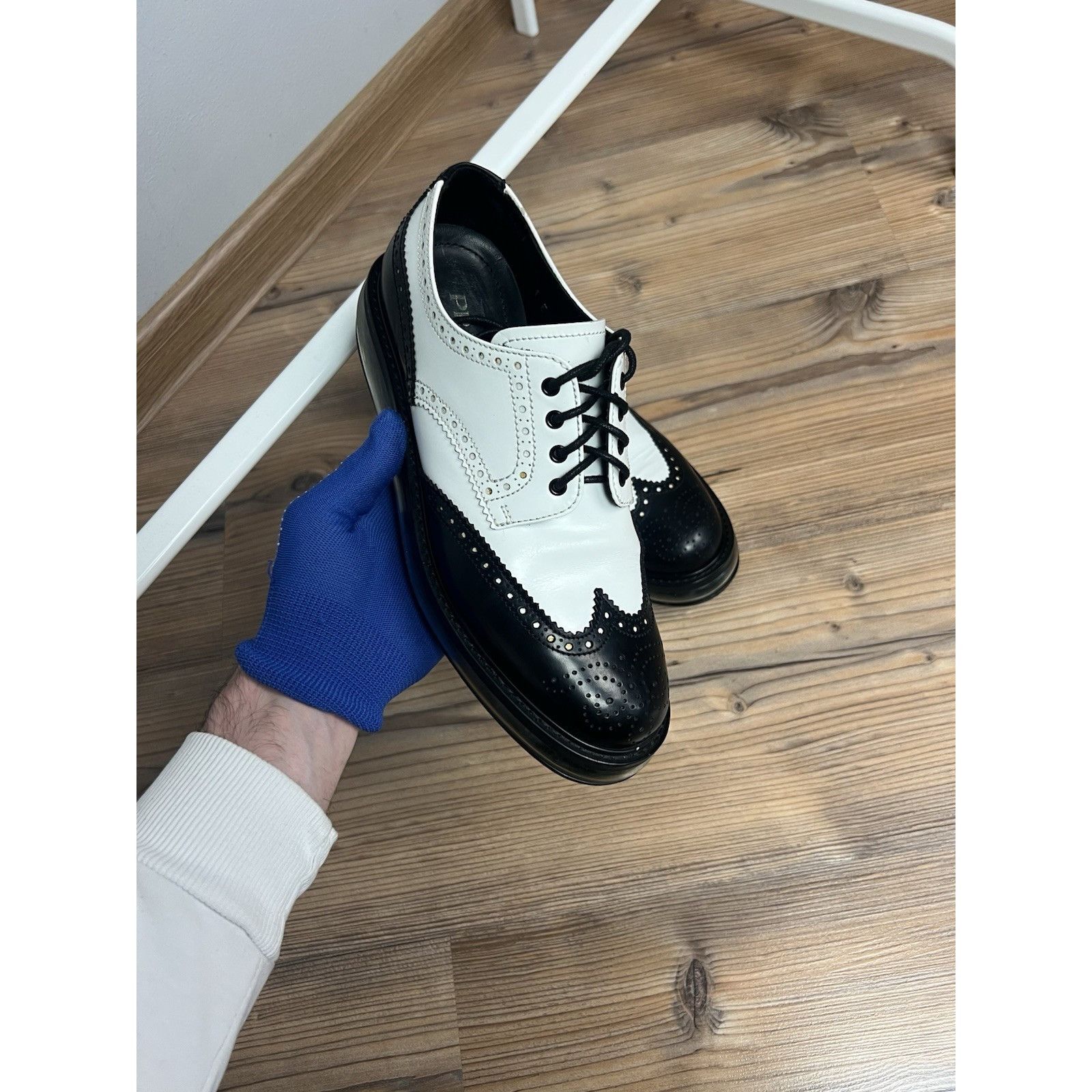 Prada PRADA Milano Women`s Black White Leather Derby Brogues Size Size US 8 / IT 38 - 3 Thumbnail