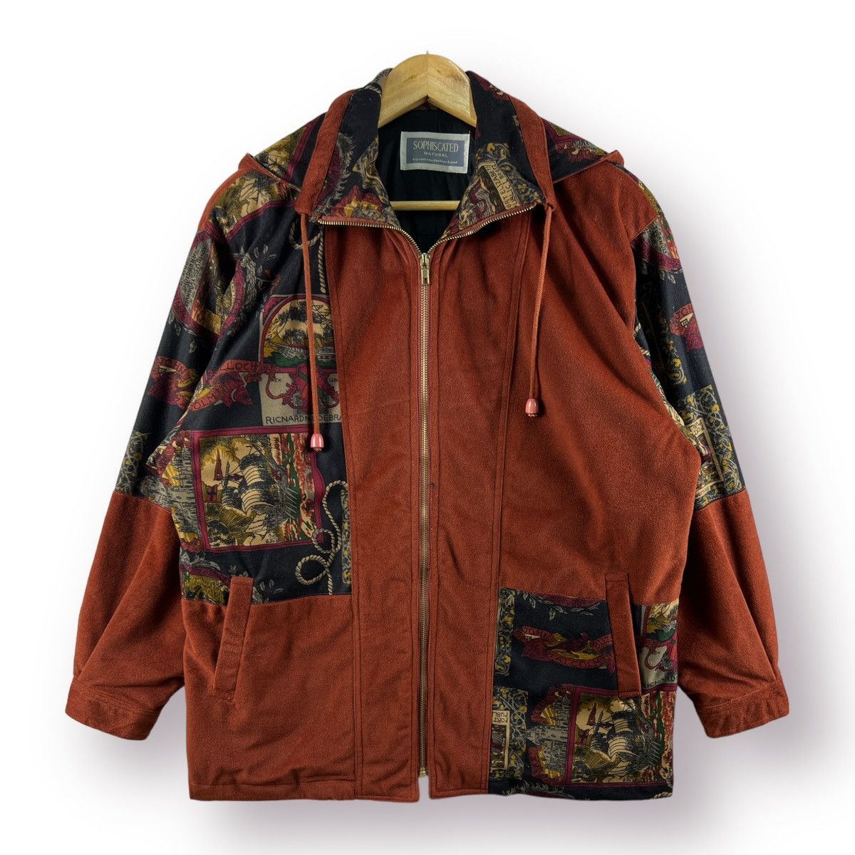 image of Sophiscated Italian Art Design Hooded Zipper Jacket - M in Brown, Men's (Size Large)