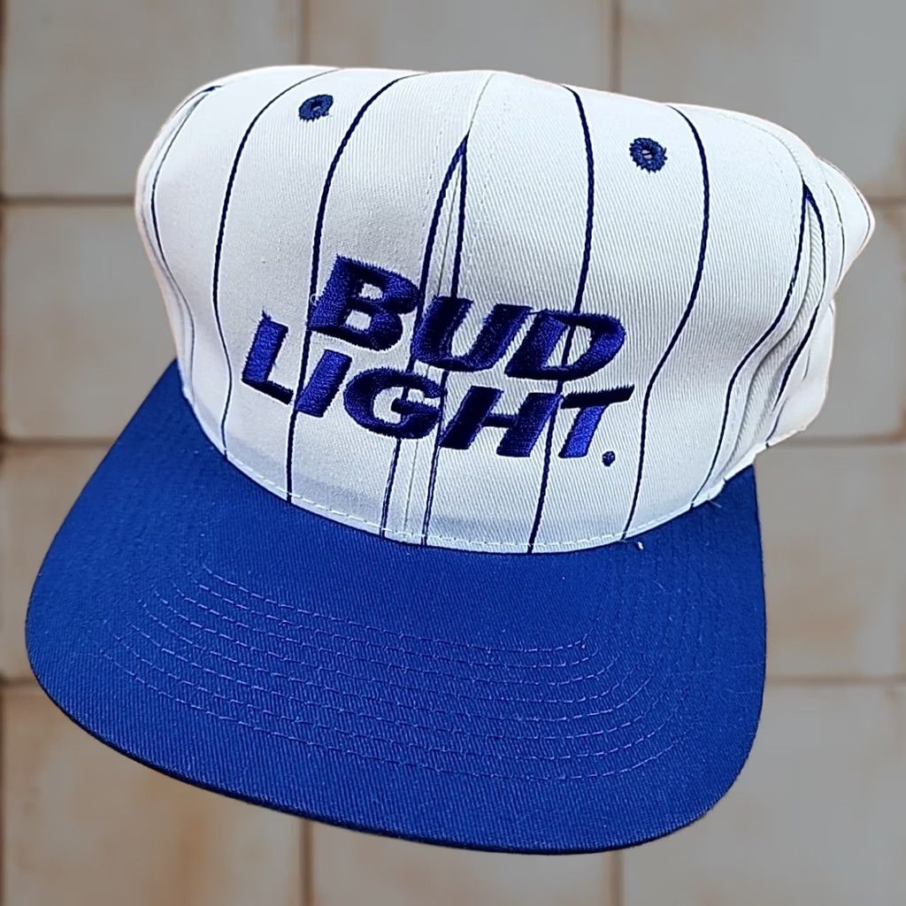 Vintage VINTAGE Bud Light Hat Adjustable Cream & Blue Embroidered Pin Stripe Snap Back Ball Cap Size ONE SIZE - 1 Thumbnail
