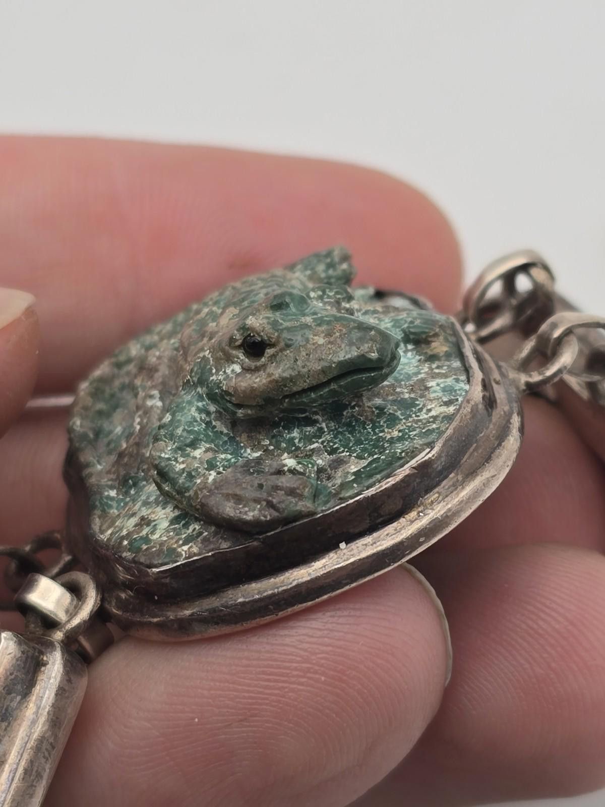 Sterling Silver Vintage Sterling Silver 925 Bracelet Carved Lizard Turquoise Size ONE SIZE - 5 Thumbnail