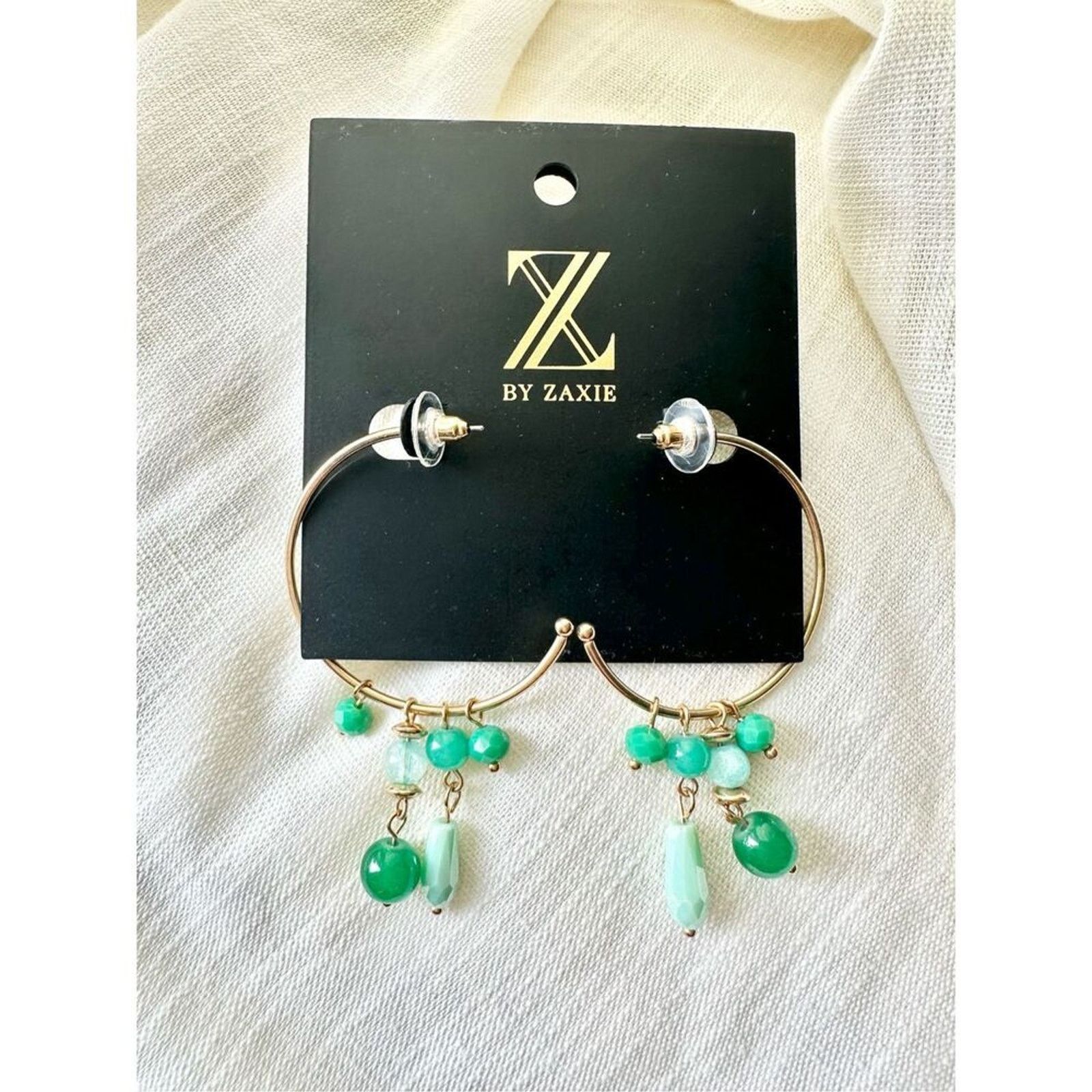 Nordstrom ZAXIE Gold Hoop Earrings with Green Beaded Accents Size ONE SIZE - 1 Thumbnail