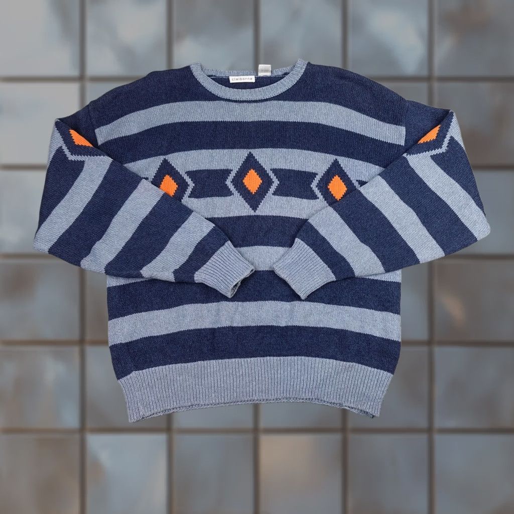 Liz Claiborne VINTAGE Claiborne Sweater Mens XL Blue Stripe Aztec Crewneck 90s Pullover Knit Cotton Cardigan? Size US XL / EU 56 / 4 - 1 Thumbnail