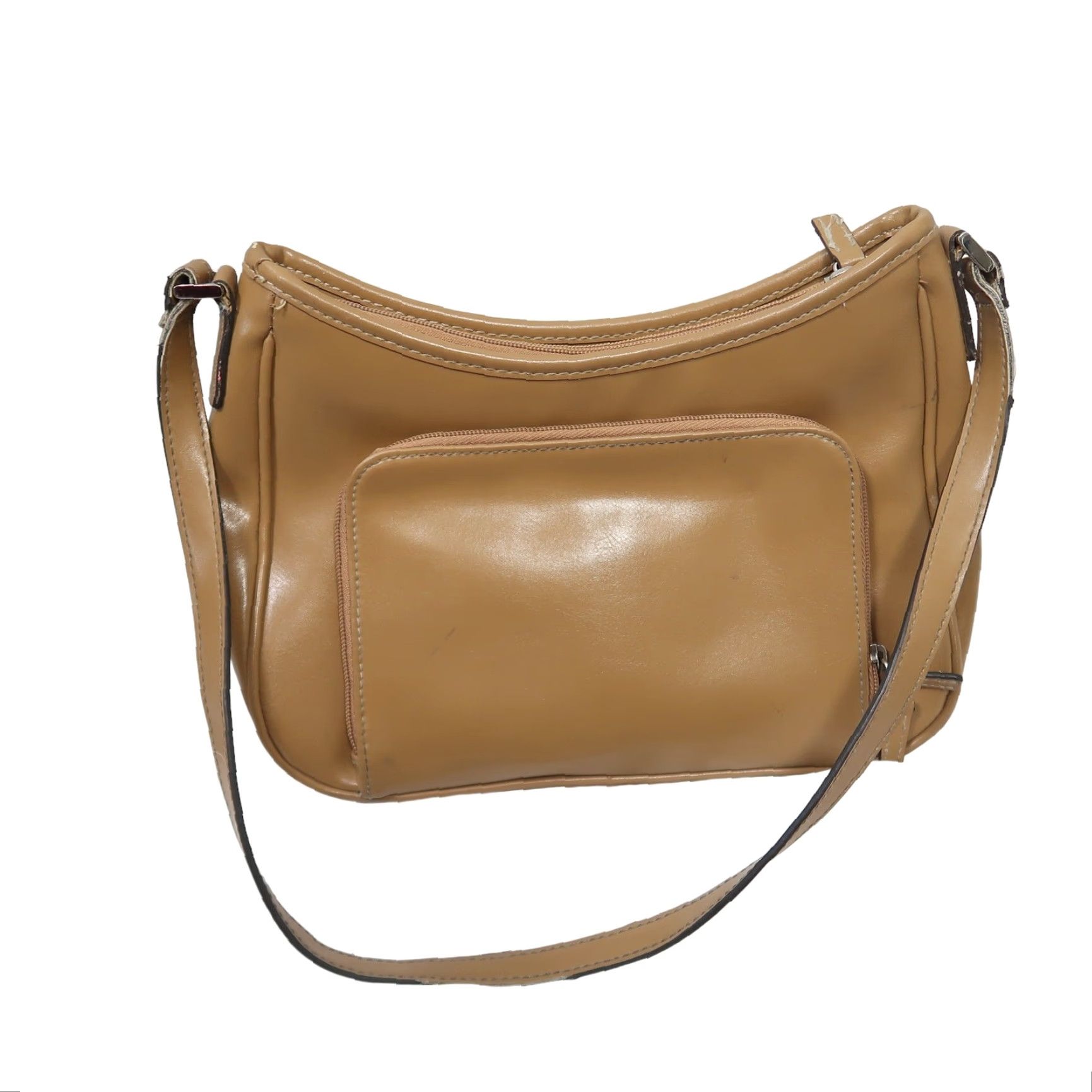Liz Claiborne VINTAGE Liz Claiborne Crazy Horse tan faux leather Shoulder Bag Purse Small Women zipper 11" length 7" height 3" width Size ONE SIZE - 3 Thumbnail