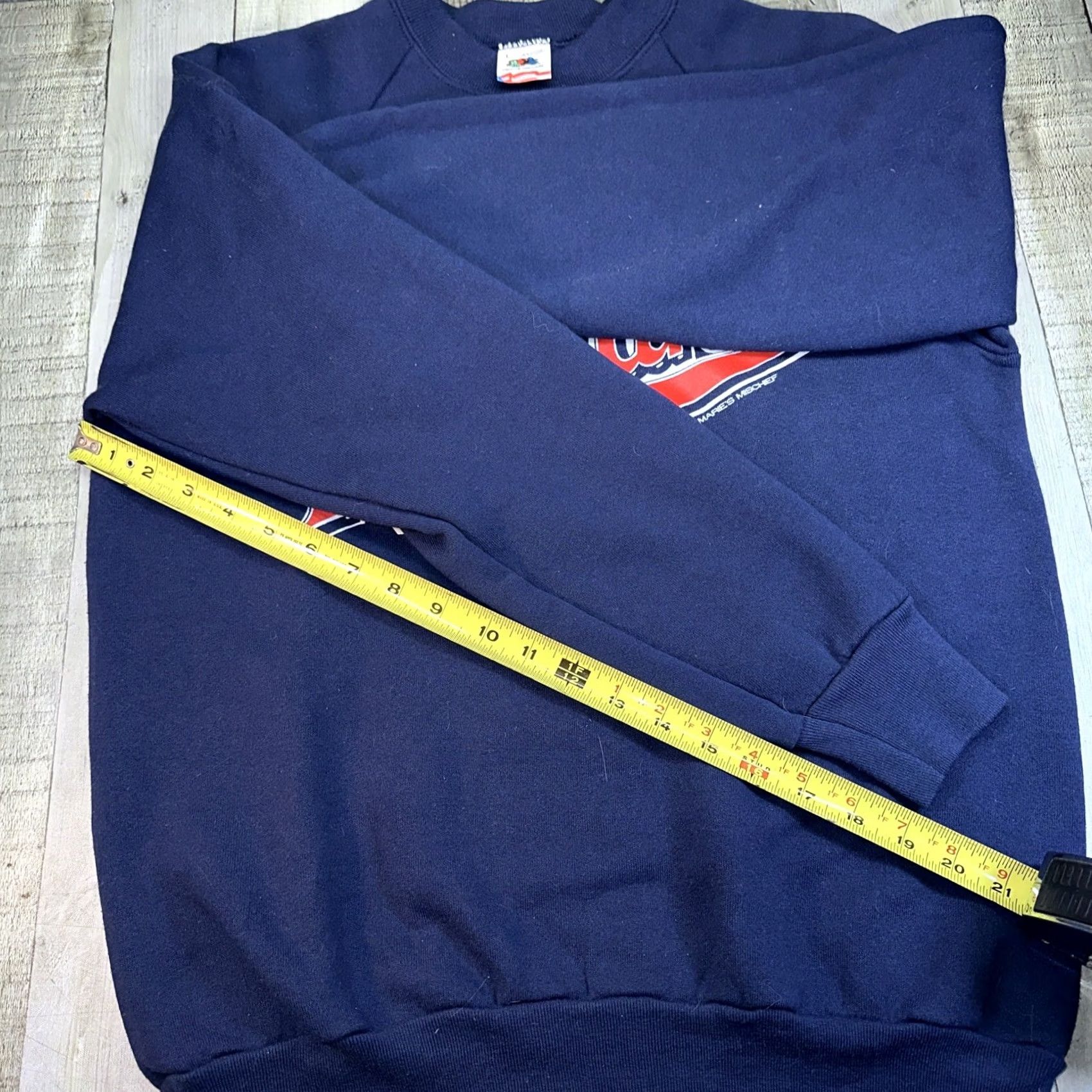 Fruit Of The Loom VINTAGE Fruit of the Loom Crewneck Men L Blue Donna Marie’s Mischief USA 91 Sweatshirt Sweater Size US L / EU 52-54 / 3 - 7 Thumbnail