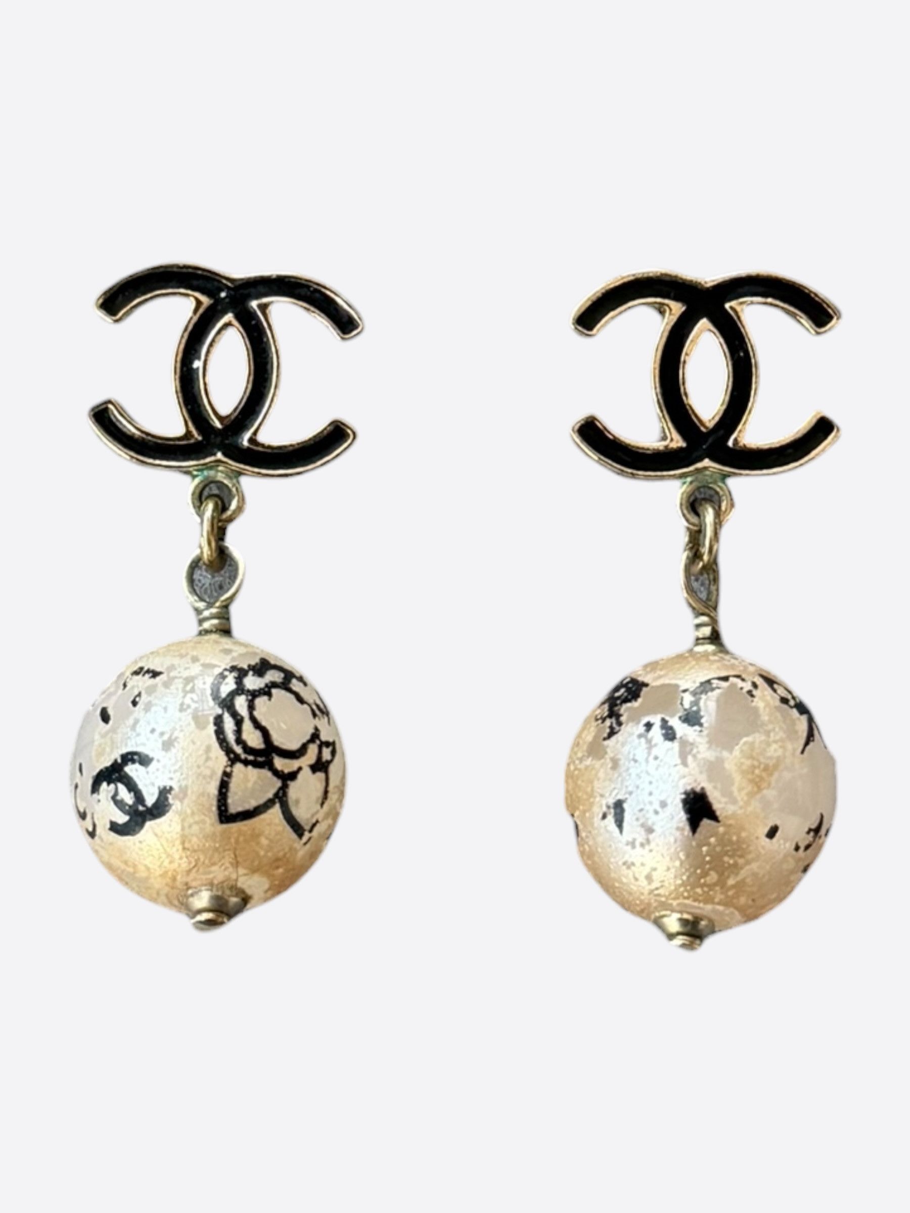 Chanel Chanel Gold & Black CC Logo Faux Pearl Earrings Size ONE SIZE - 1 Thumbnail