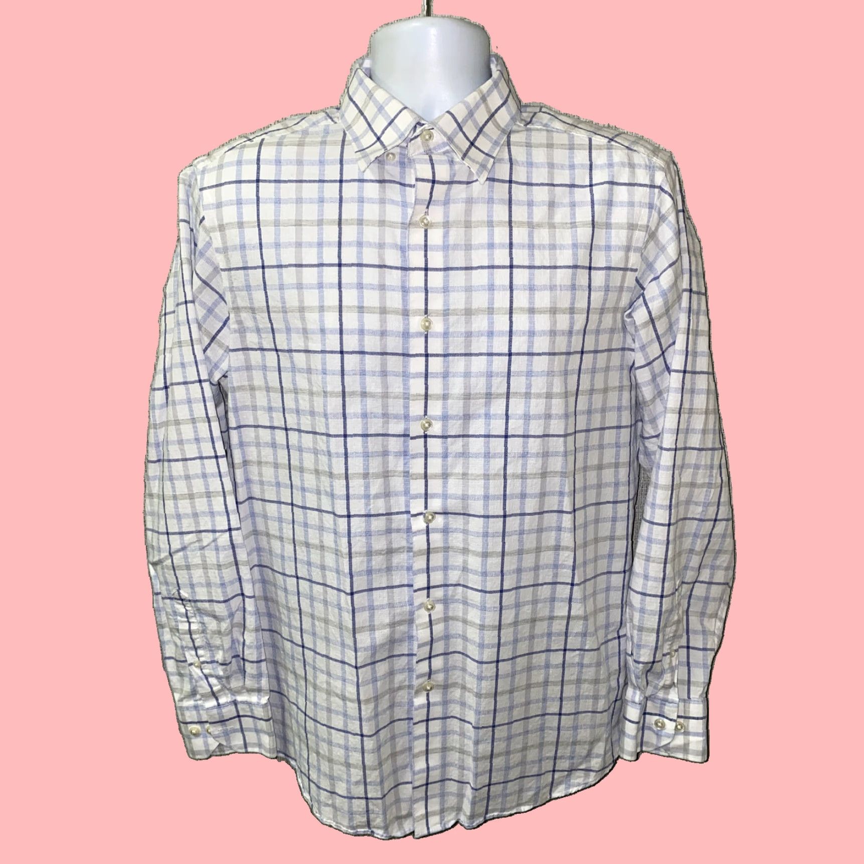 Hart Schaffner Marx Hart Schaffner Marx Mens Long Sleeve Button Down Shirt White Blue Check Size L Size 42R - 1 Thumbnail