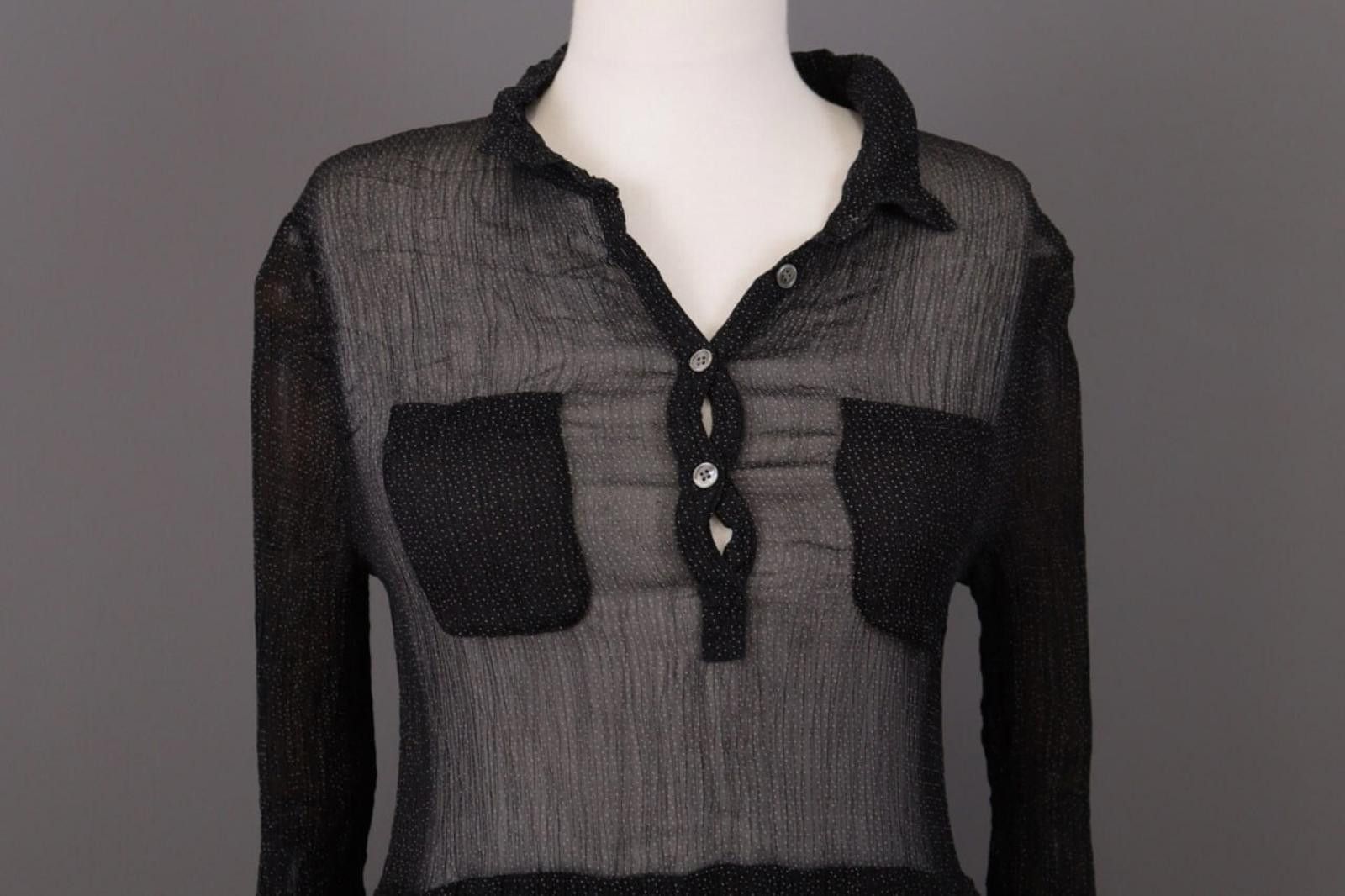 Gianni Valentino Ganni Black Dotted Mesh Long Sleeve Henley A-Line Dress Size M / US 6-8 / IT 42-44 - 2 Thumbnail