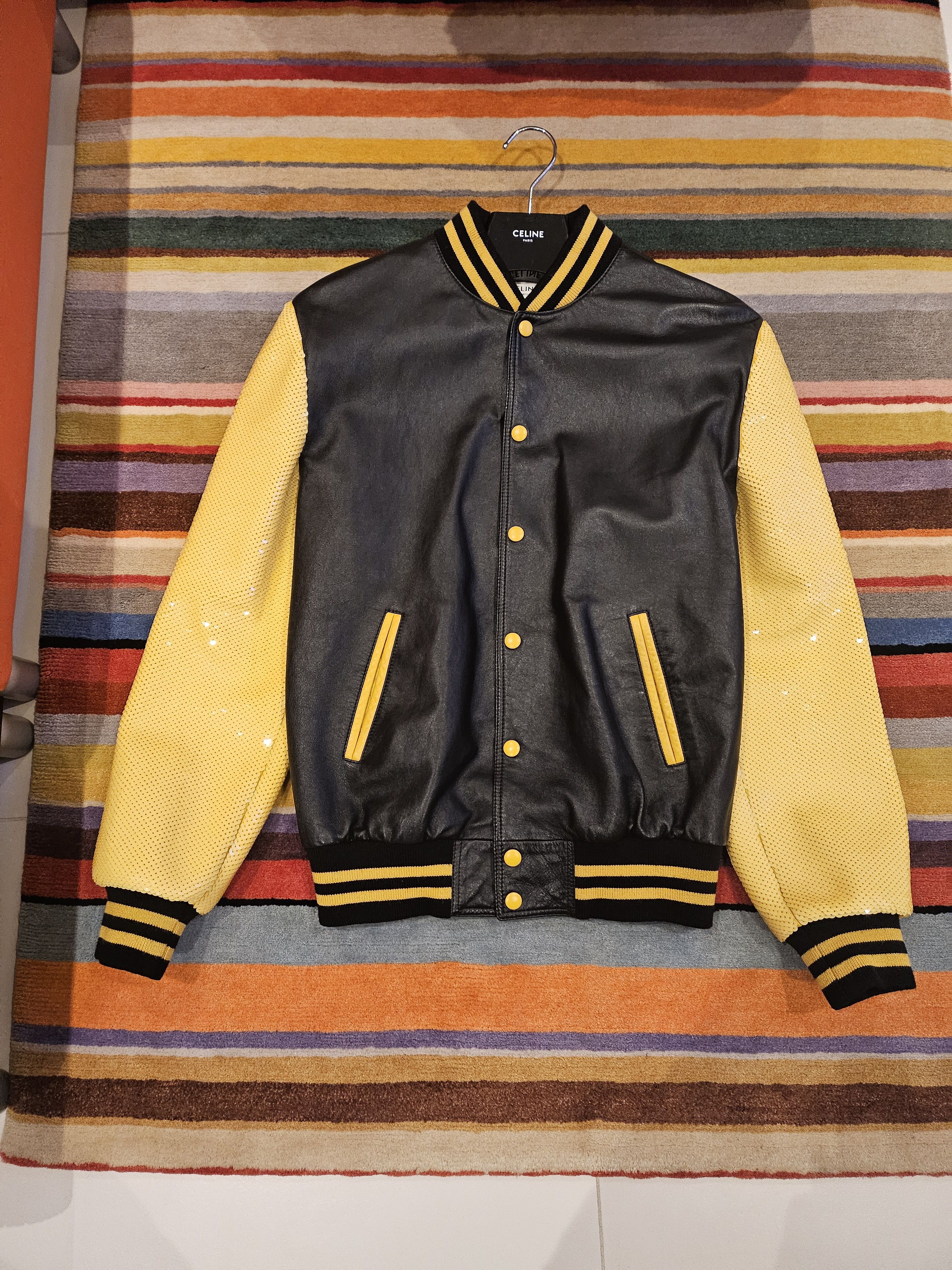 image of Celine Bomber Leather Jacket With Sequin Sleeves In Size 44 in Black/Yellow, Men's