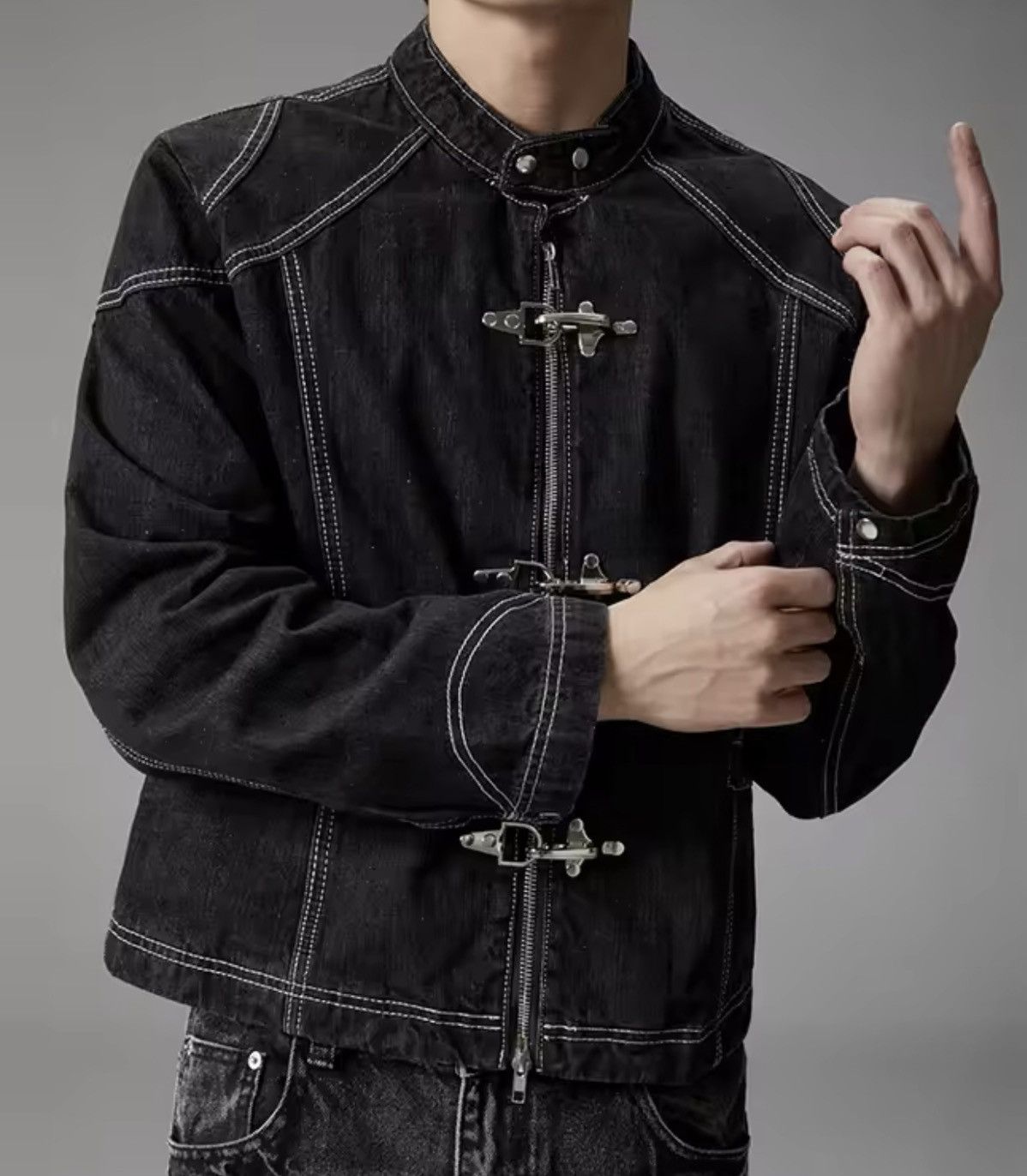 Japanese Brand Fireman Clasp Contrast-Stitch Denim Jacket - Black Size US M / EU 48-50 / 2 - 4 Thumbnail