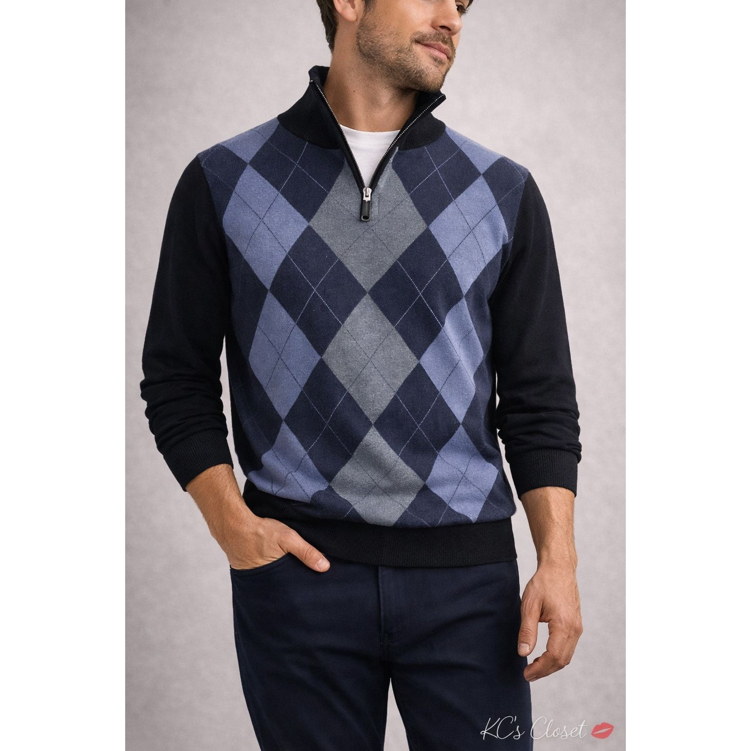 Omega Studio by Omega Men’s Argyle Quarter Zip Sweater Pullover Size US S / EU 44-46 / 1 - 1 Thumbnail
