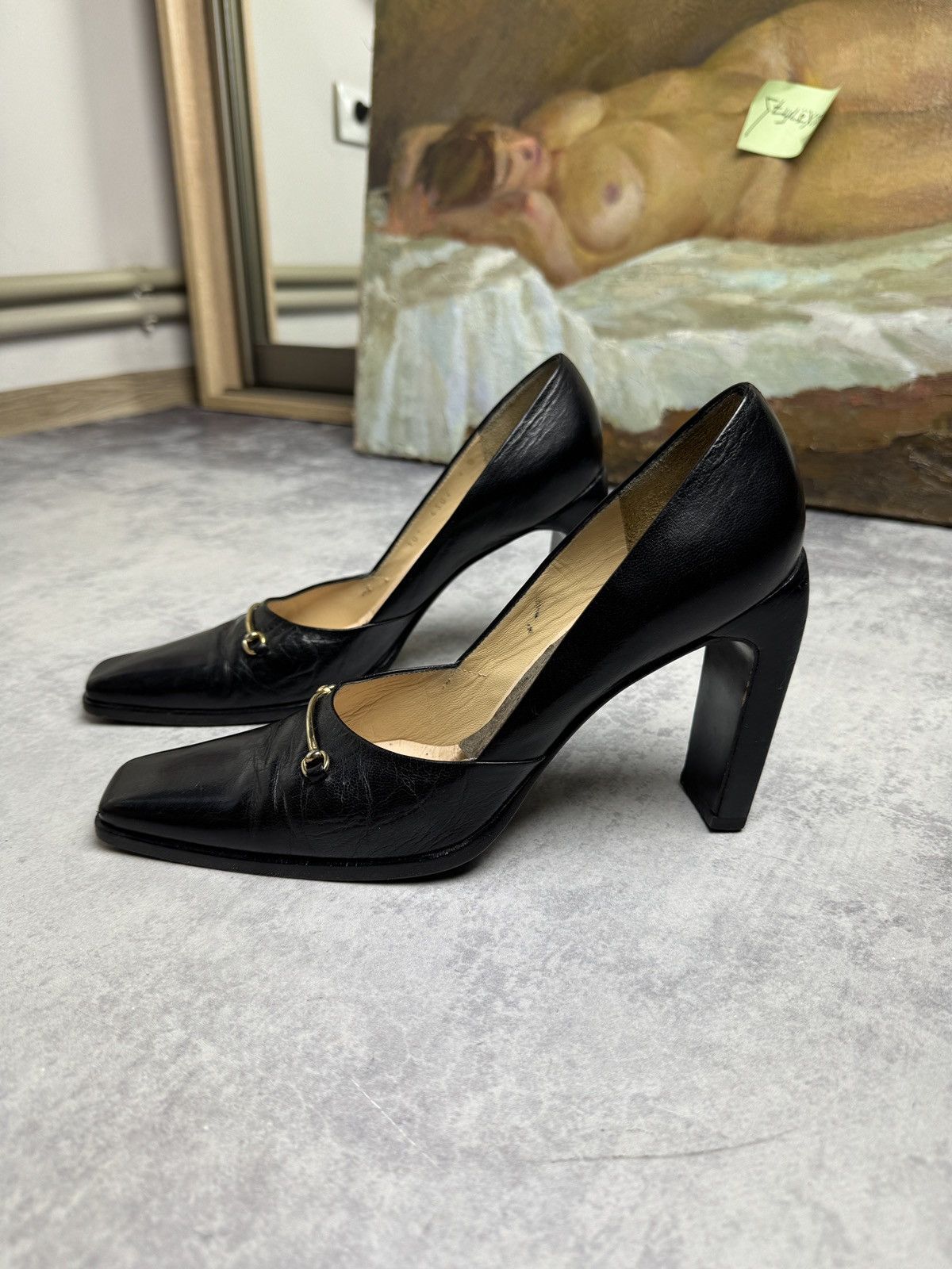 Archival Clothing x Gucci 90's Gucci Leather Loafers Heels Luxury Y2K Vintage Shoes in Black, Women's