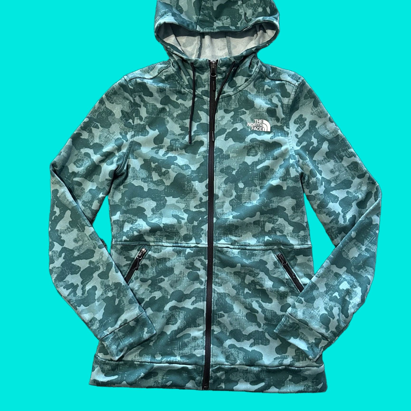 The North Face The North Face Jacket Womens S Full Zip Hooded Camouflage Teal Lightweight Fleece Blue Front Zip Hoodie Size S / US 4 / IT 40 - 1 Thumbnail