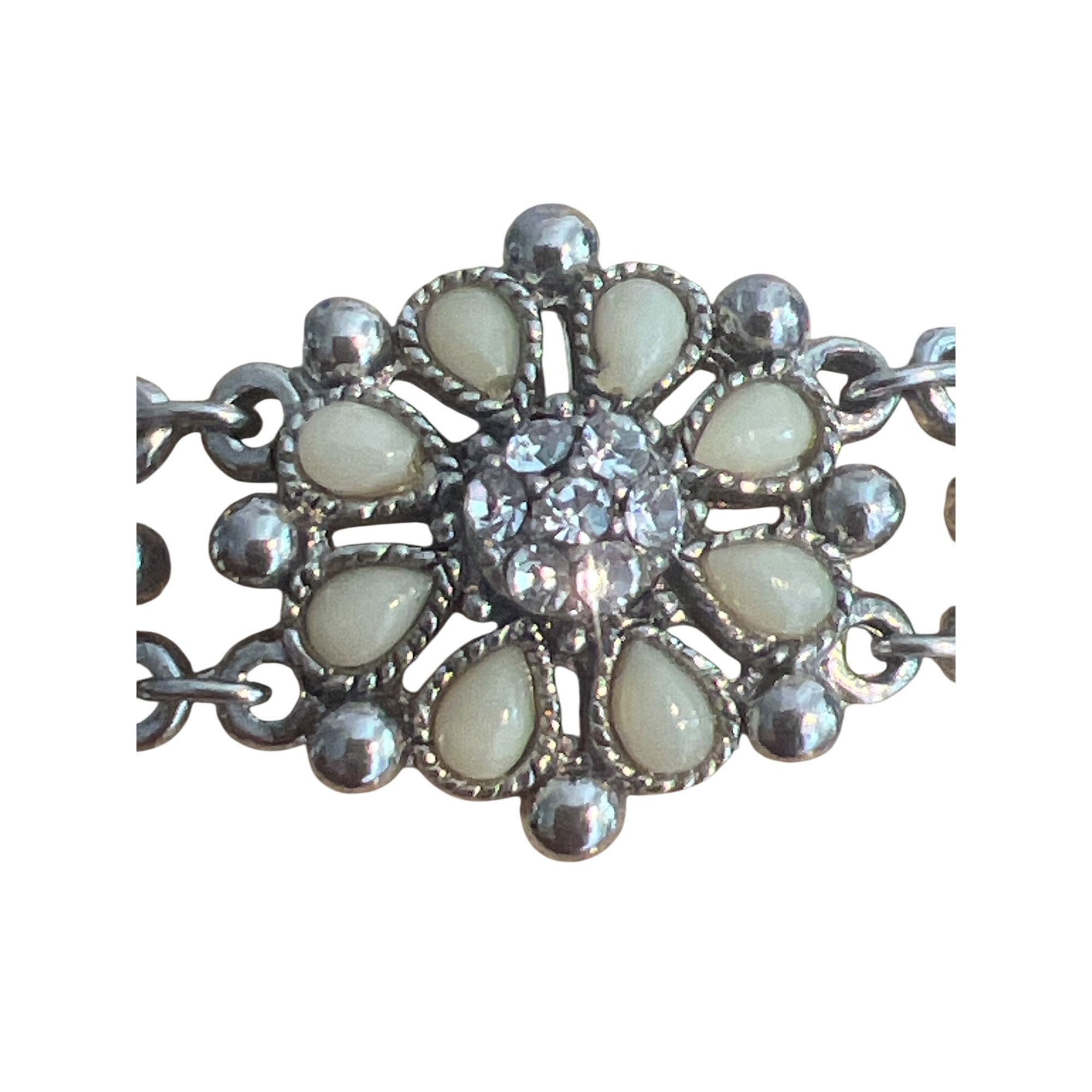 Other Silver Tone Flower Chain Bracelet Cream Clear Rhinestones Fl Size ONE SIZE - 2 Thumbnail