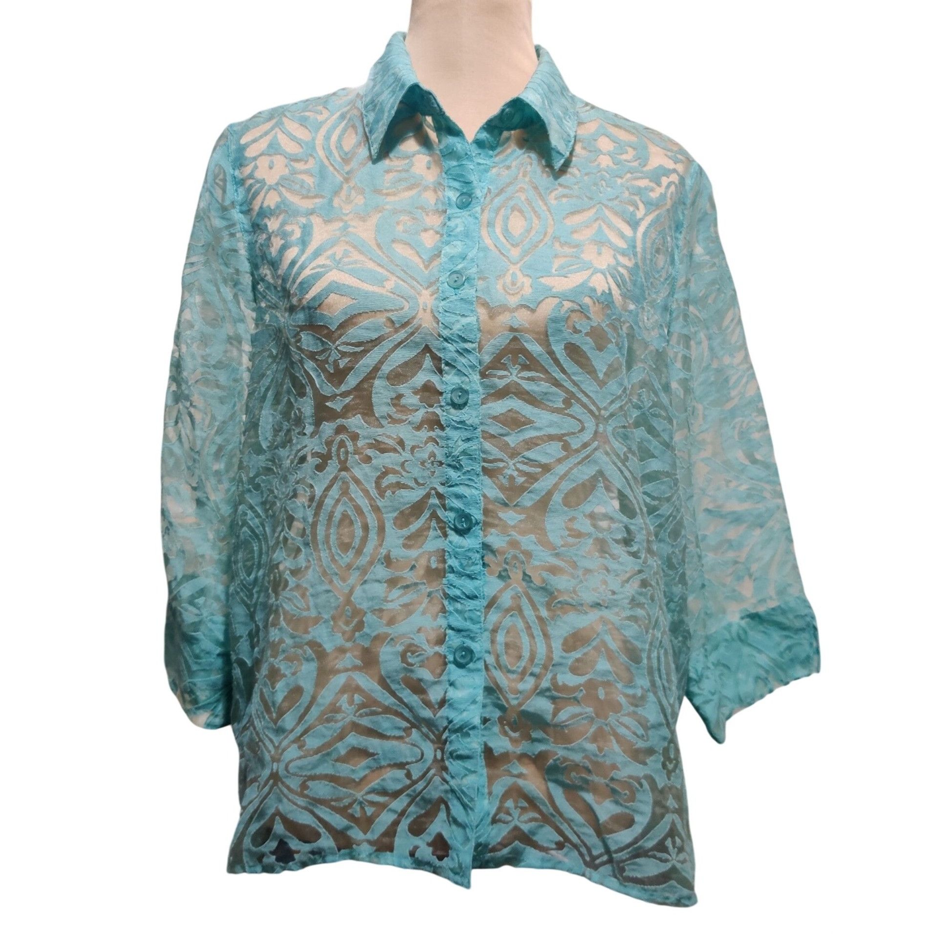 Vintage Womenx XL Blouse Turquoise Blue Sheer Burnout Vintage Button Size XL / US 12-14 / IT 48-50 - 1 Thumbnail