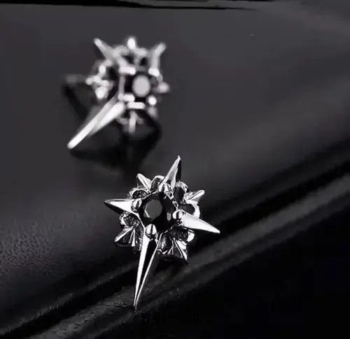 Black Stone Earrings Gothic Punk Chrome Jewelry Star Spike in Silver, Men's
