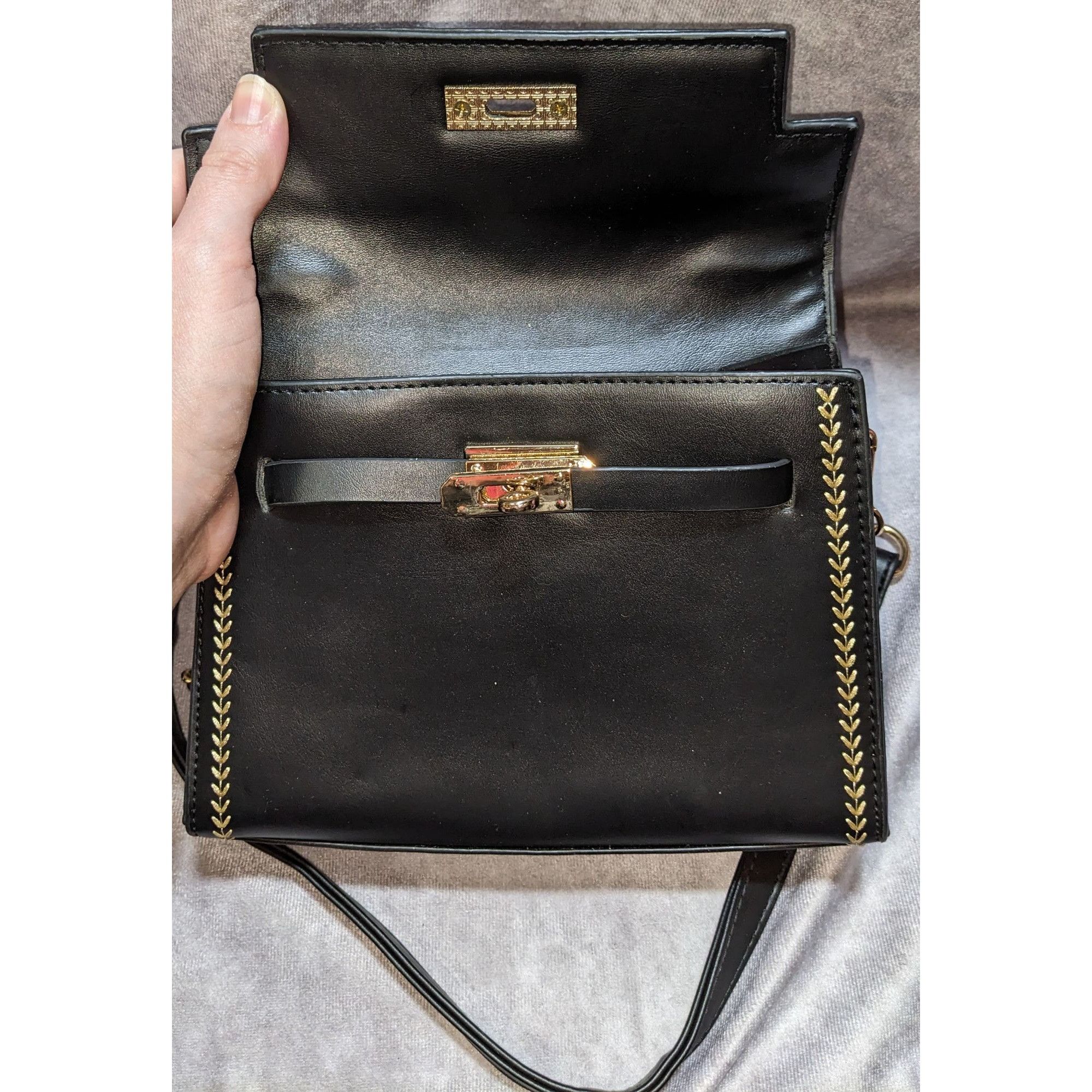 Other Black Faux Leather Satchel With Gold Stitching & Chain Strap Size ONE SIZE - 2 Thumbnail