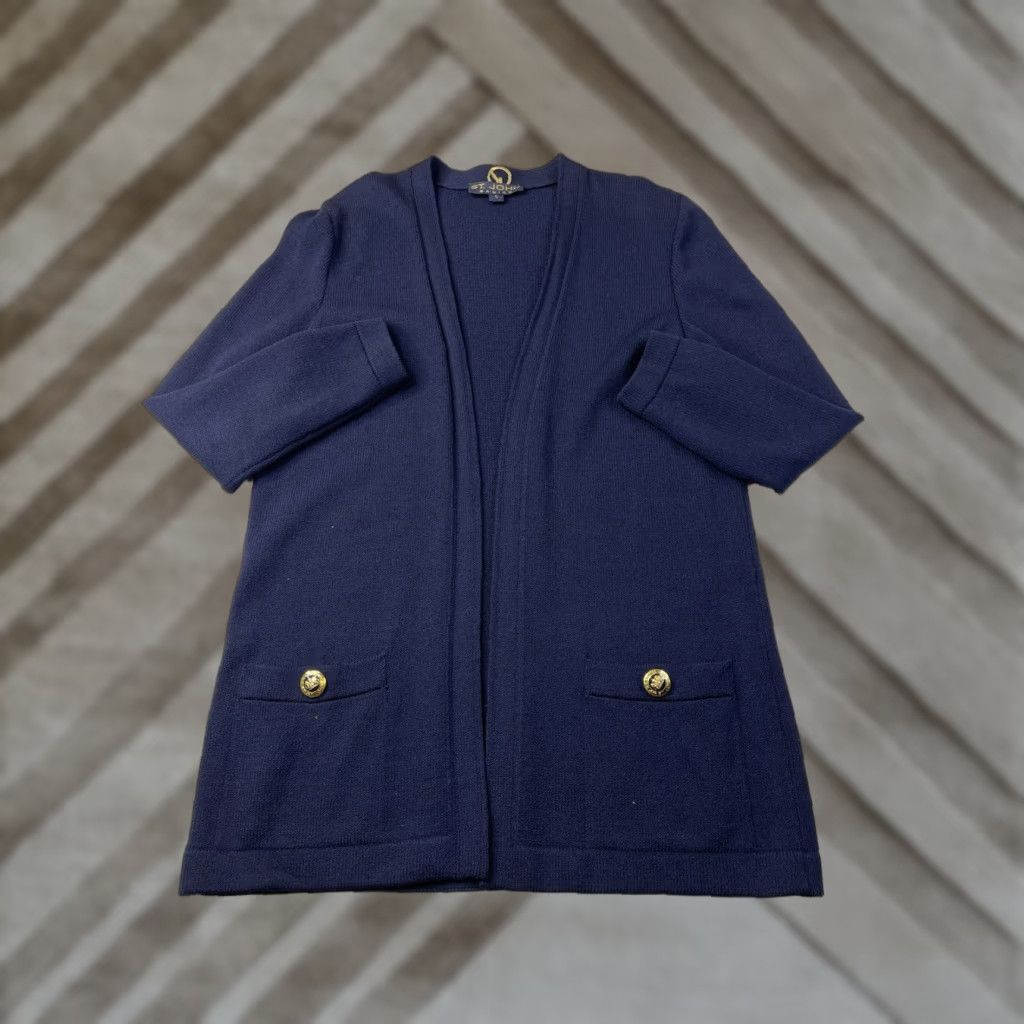 St. John St. John Basics Navy Santana Knit Open Front Cardigan Sweater Small Gold Buttons Women Size S / US 4 / IT 40 - 1 Thumbnail