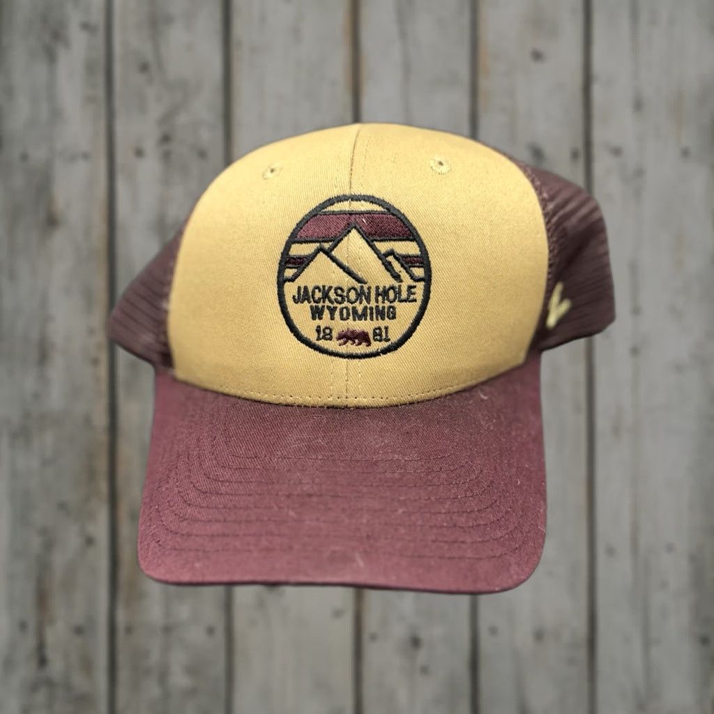 Zephyr Mens Trucker Cap Snapback Hat Outdoor Mountains Jackson Hole Wyoming Tan Maroon Zephyr Adult One Size Casual Travel City Nature Size ONE SIZE - 1 Thumbnail