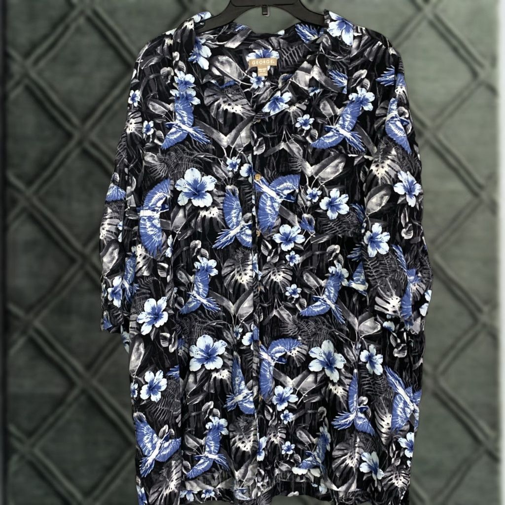 George George Hawaiian Shirt Mens 3XL 3XG 30x34 AOP Bird Floral Blue Lightweight Beach Shirt Size US XXL / EU 58 / 5 - 1 Thumbnail