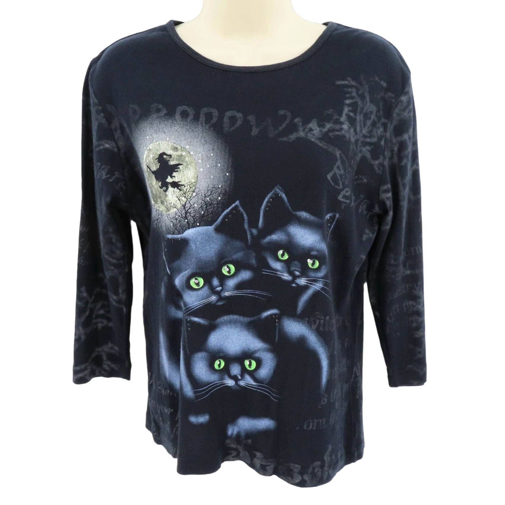 Vintage My Halloween Womens Small Rhinestone Black Cat Witch Spooky Shirt All Cotton Size S / US 4 / IT 40 - 2 Thumbnail