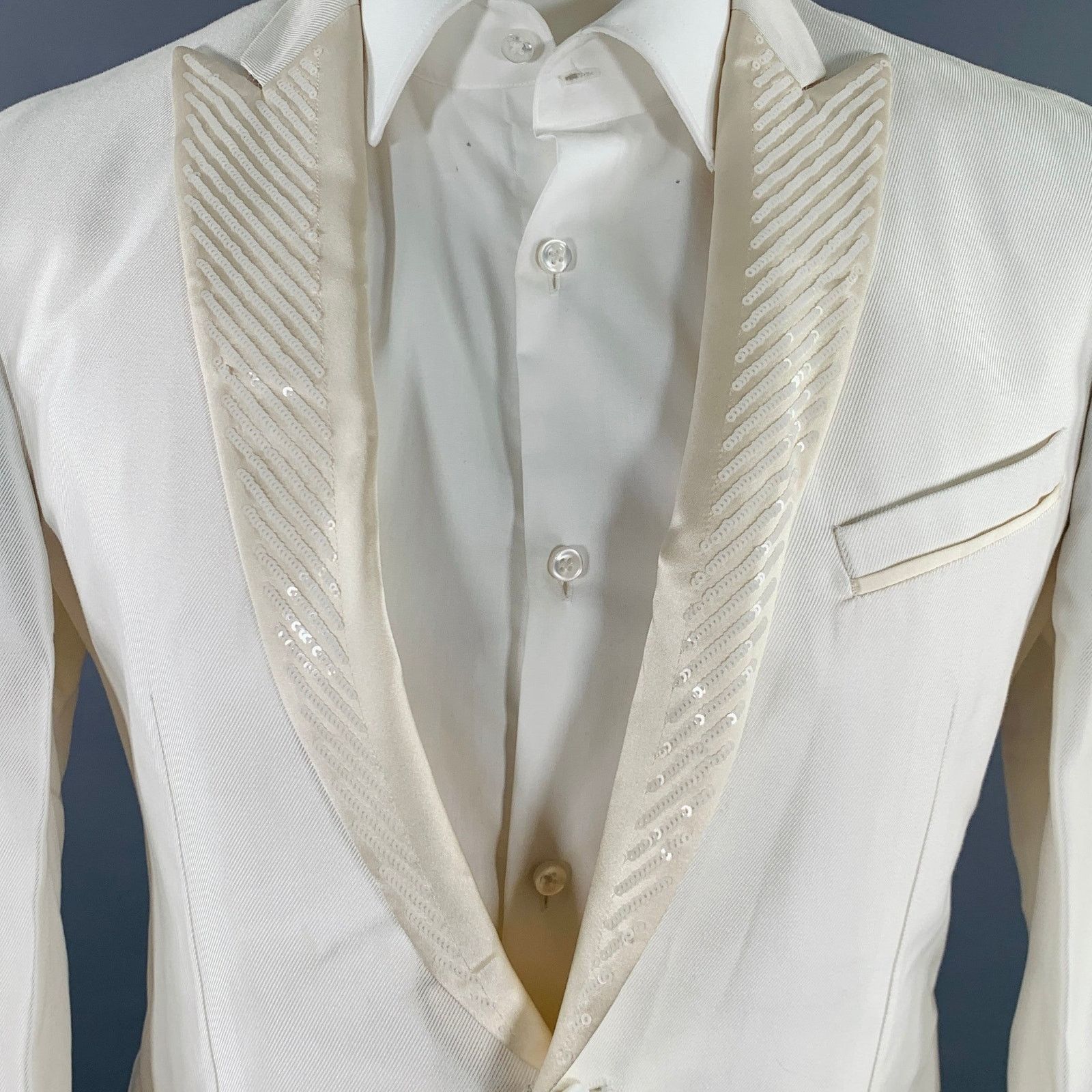 Just Cavalli Size 38 White Beige Sequined Peak Lapel Sport Coat Size 38R - 2 Thumbnail