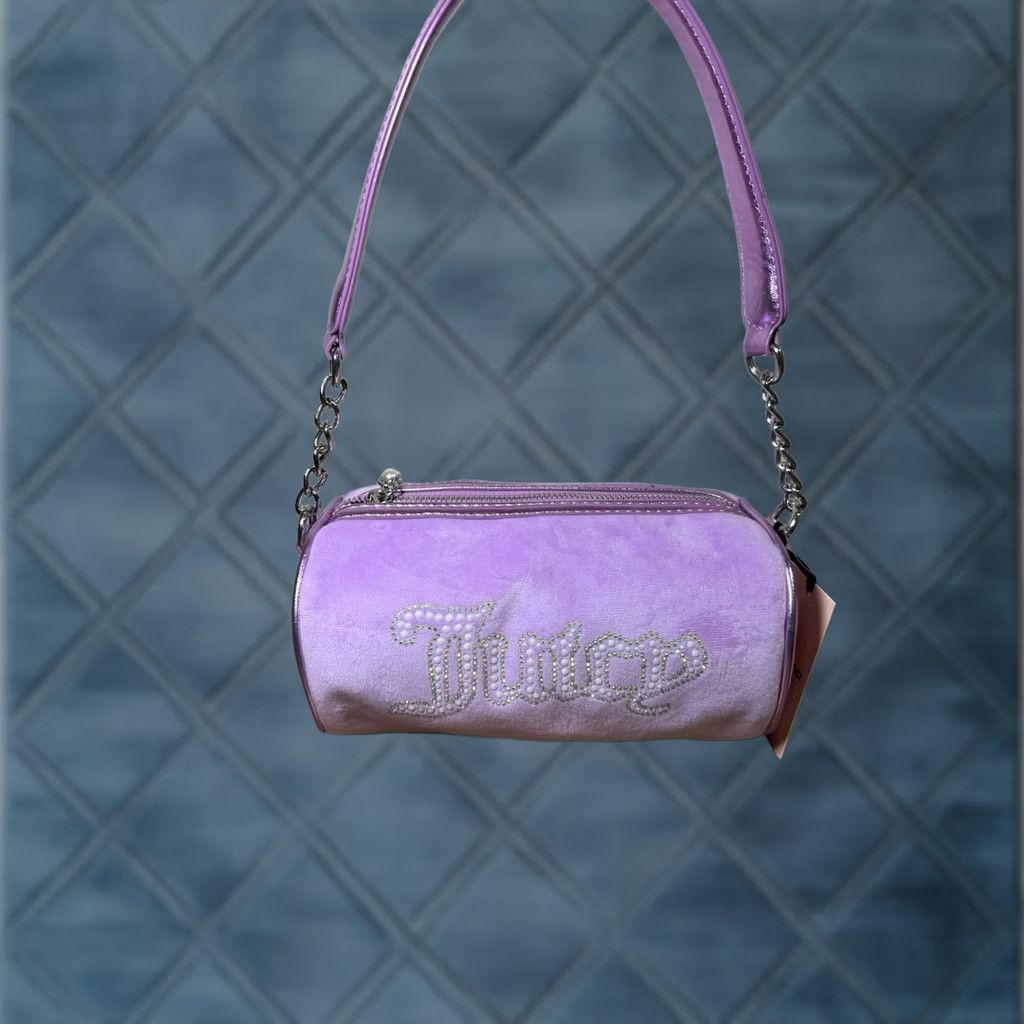 Juicy Couture Juicy Couture Violet Barrel Bag with Rhinestone Logo & Pearl Pull - Purple Velvet Leather Exterior, Small, Women, Roll Bag, Detachable Strap Size ONE SIZE - 1 Thumbnail