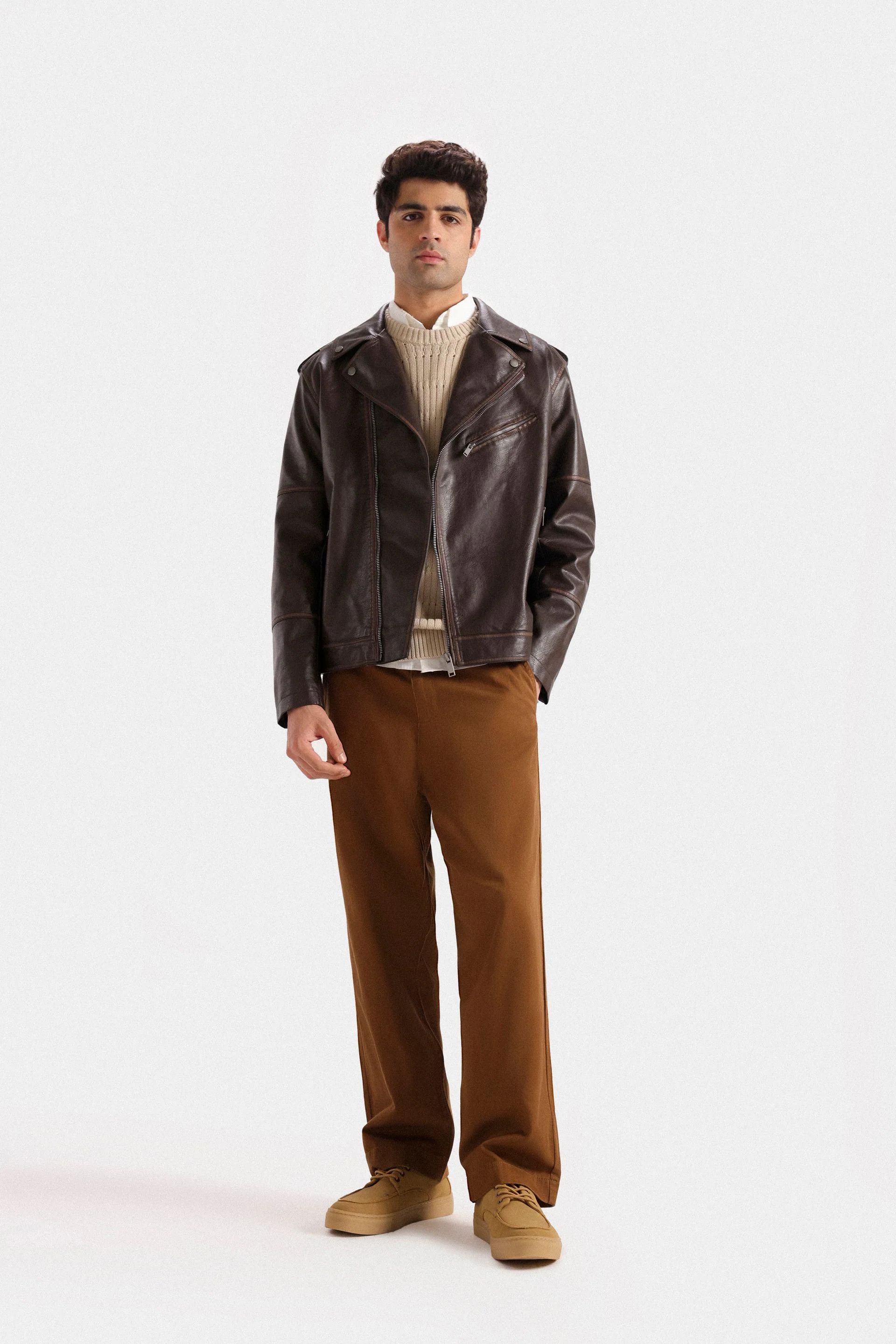 Other Men’s Brown Faux Leather Biker Jacket Zip Up Size US XL / EU 56 / 4 - 1 Thumbnail