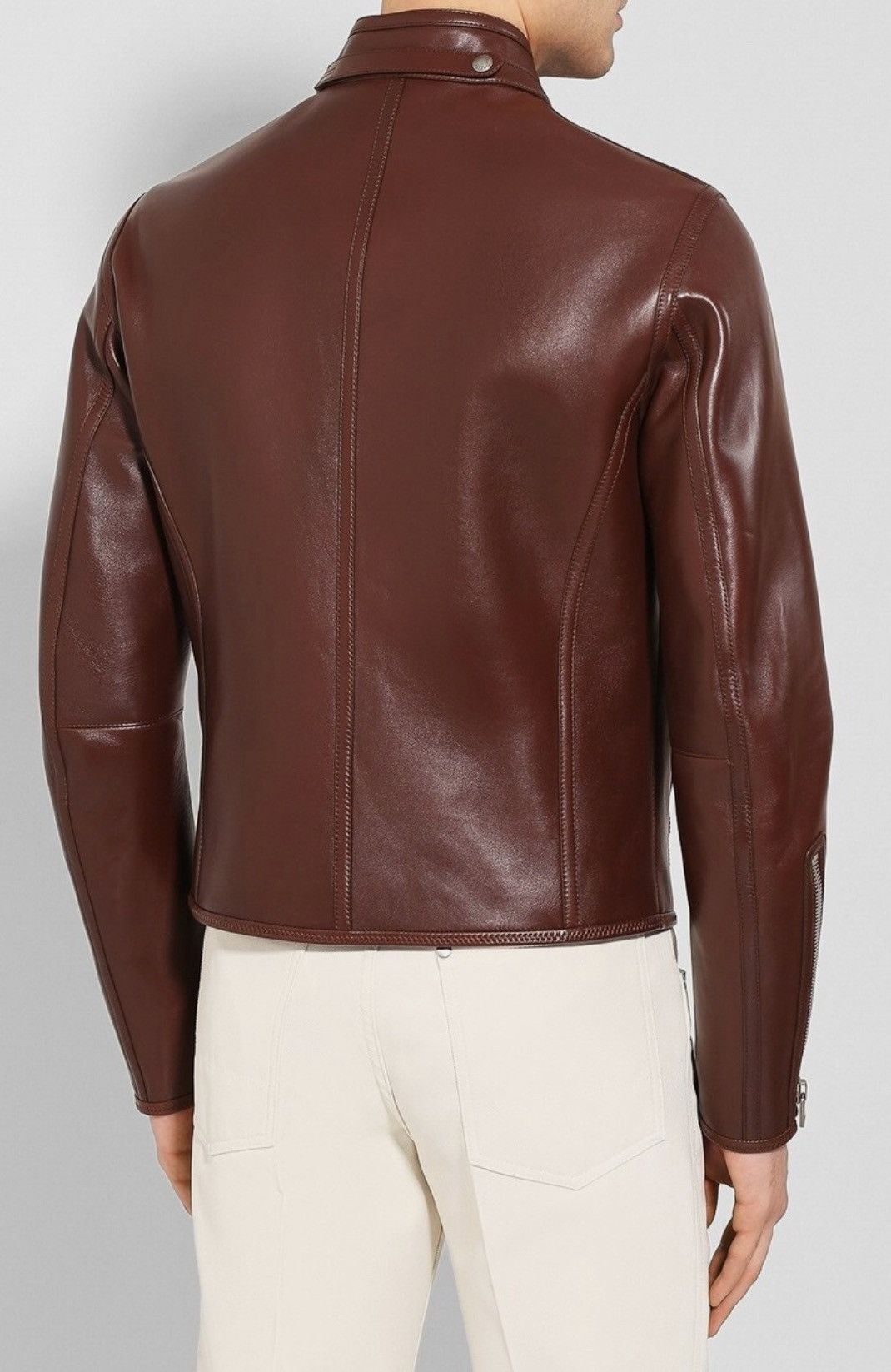 Tom Ford Tom Ford Plongé Leather Racer Jacket TFL717-BU401 Brown Size US XXL / EU 58 / 5 - 4 Thumbnail