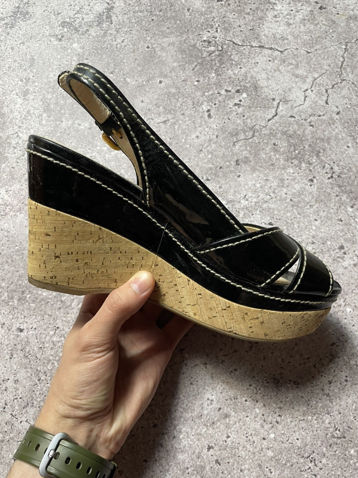 Prada PRADA Patent leather wedge sole cork black women's size 37 Size US 7 / IT 37 - 3 Thumbnail