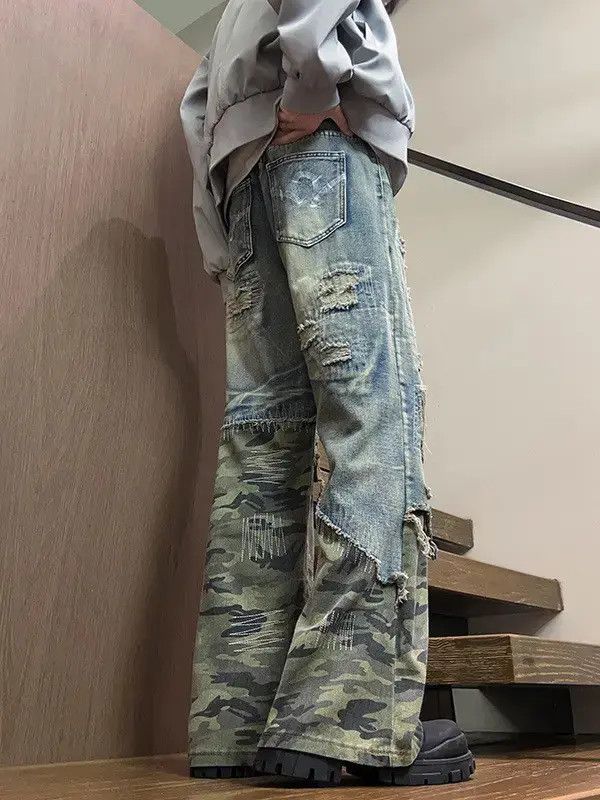 Japanese Brand Retro loose patchwork camouflage ripped jeans Size US 32 / EU 48 - 3 Thumbnail
