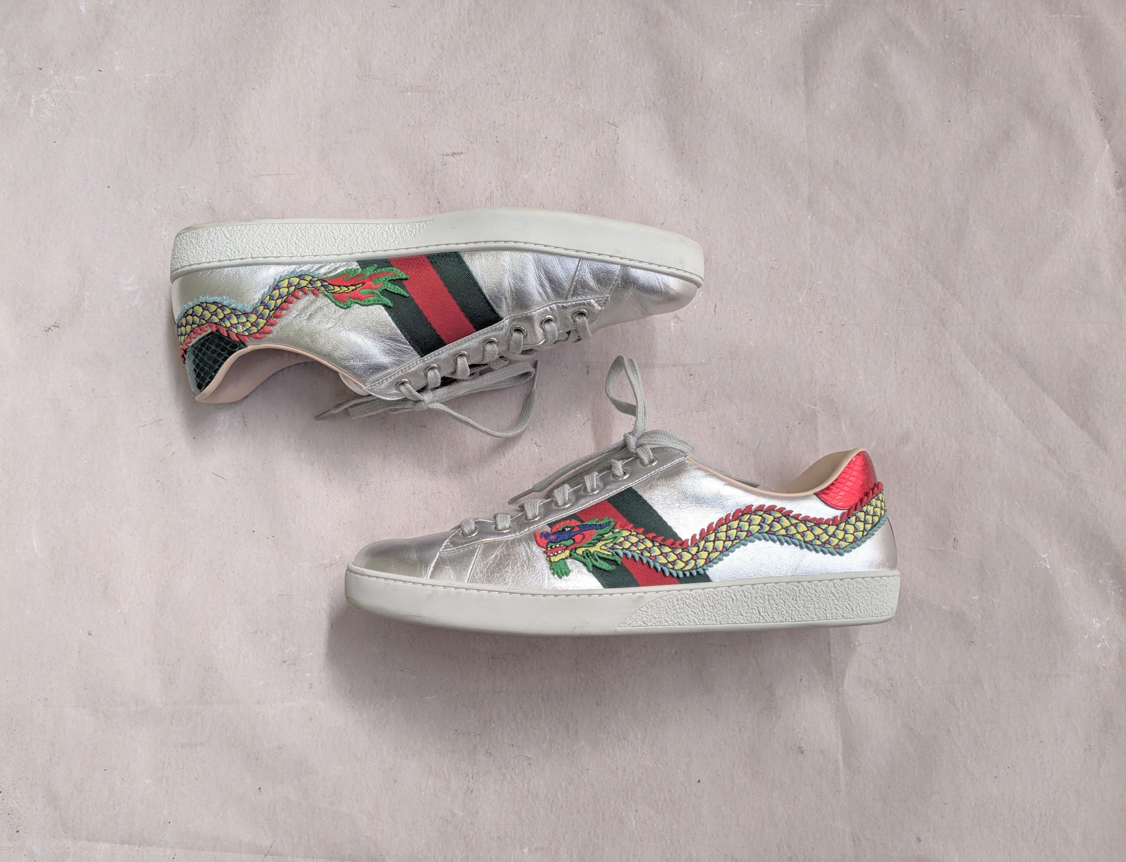 Gucci Gucci Ace Silver Dragon Sneakers 11.5 Leather Low 473765 Size US 11.5 / EU 44-45 - 1 Thumbnail