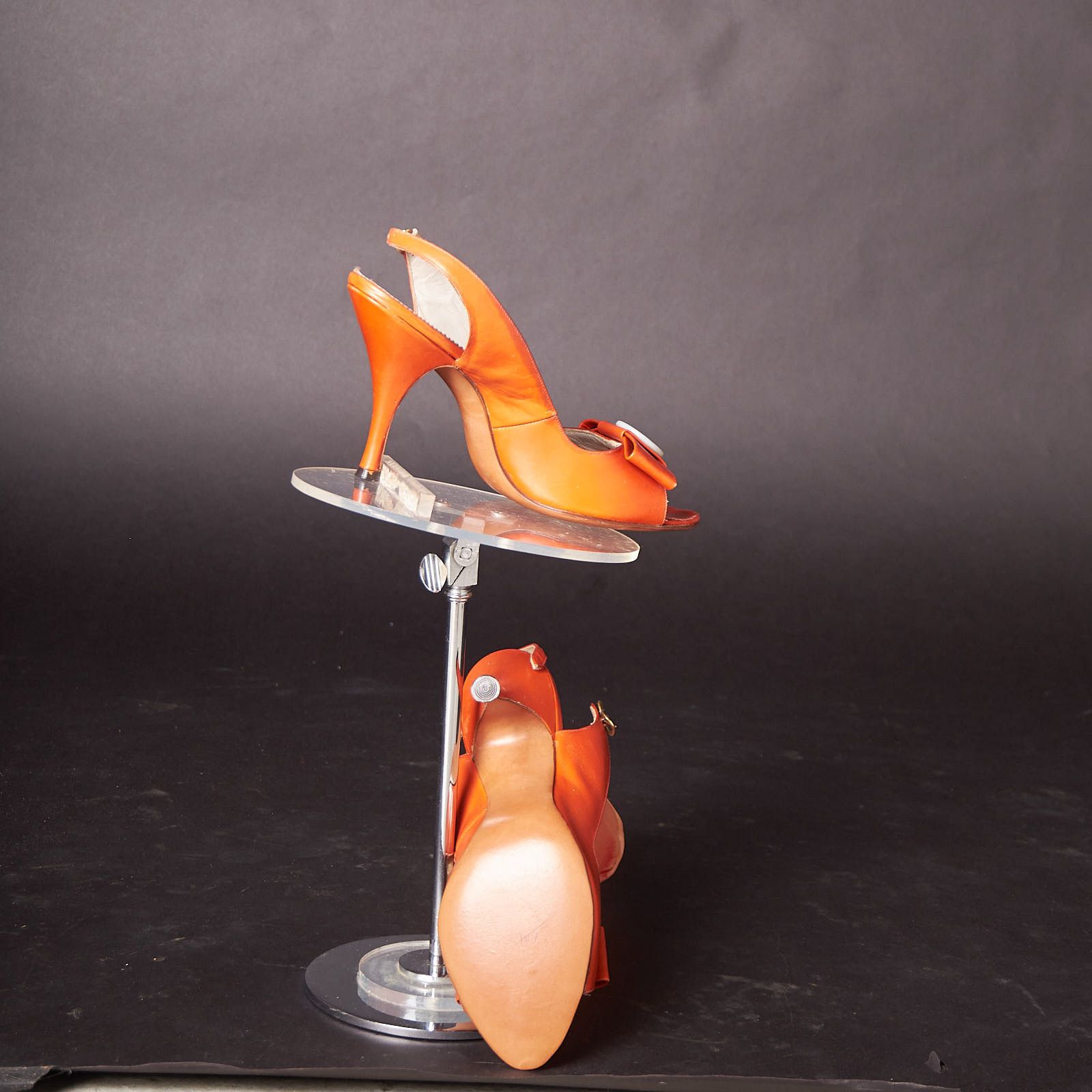 Vintage 1950s Orange Peep Toe Button Bow Slingback Heels Shoes Size US 6 / IT 36 - 5 Thumbnail