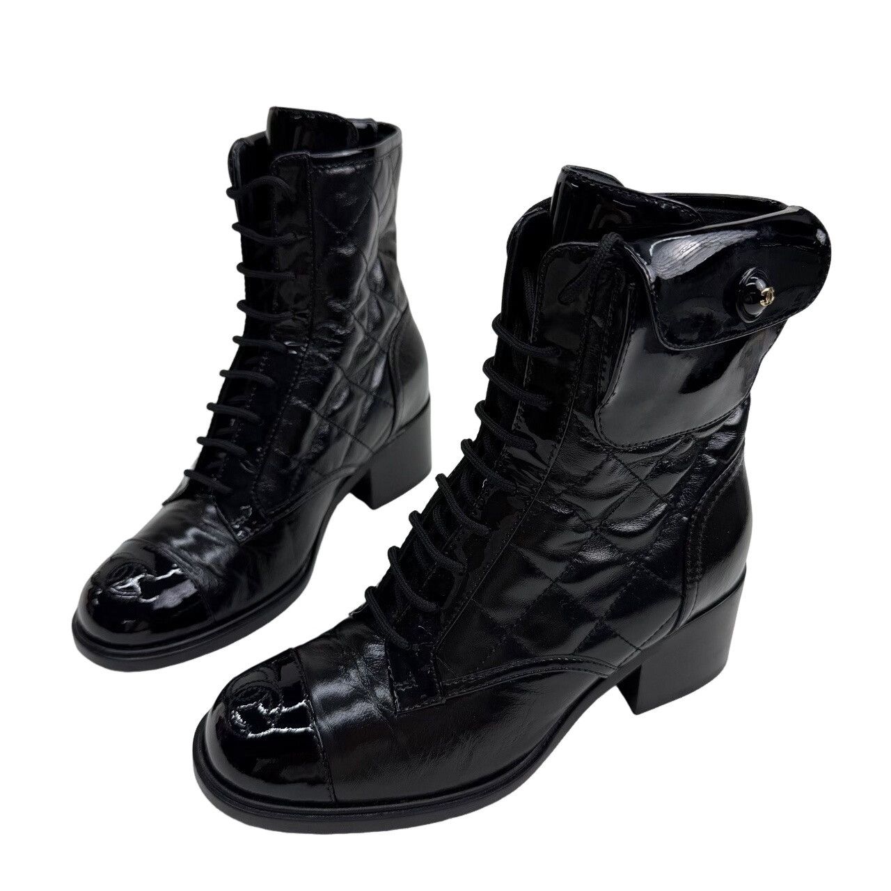 Chanel Chanel Quilted Patent Leather Lace-Up Boots Size 35.5 Size US 5.5 / IT 35.5 - 1 Thumbnail