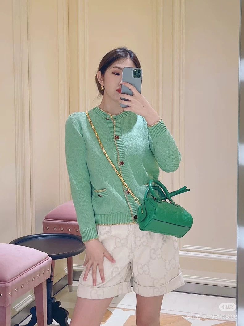 Gucci Gucci Tender green gold-rim knitted two-pocket cardigan co Size L / US 10 / IT 46 - 4 Thumbnail