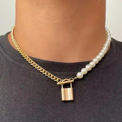 Chain x Jewelry Gold Color Pearl Padlock Necklace, Men's