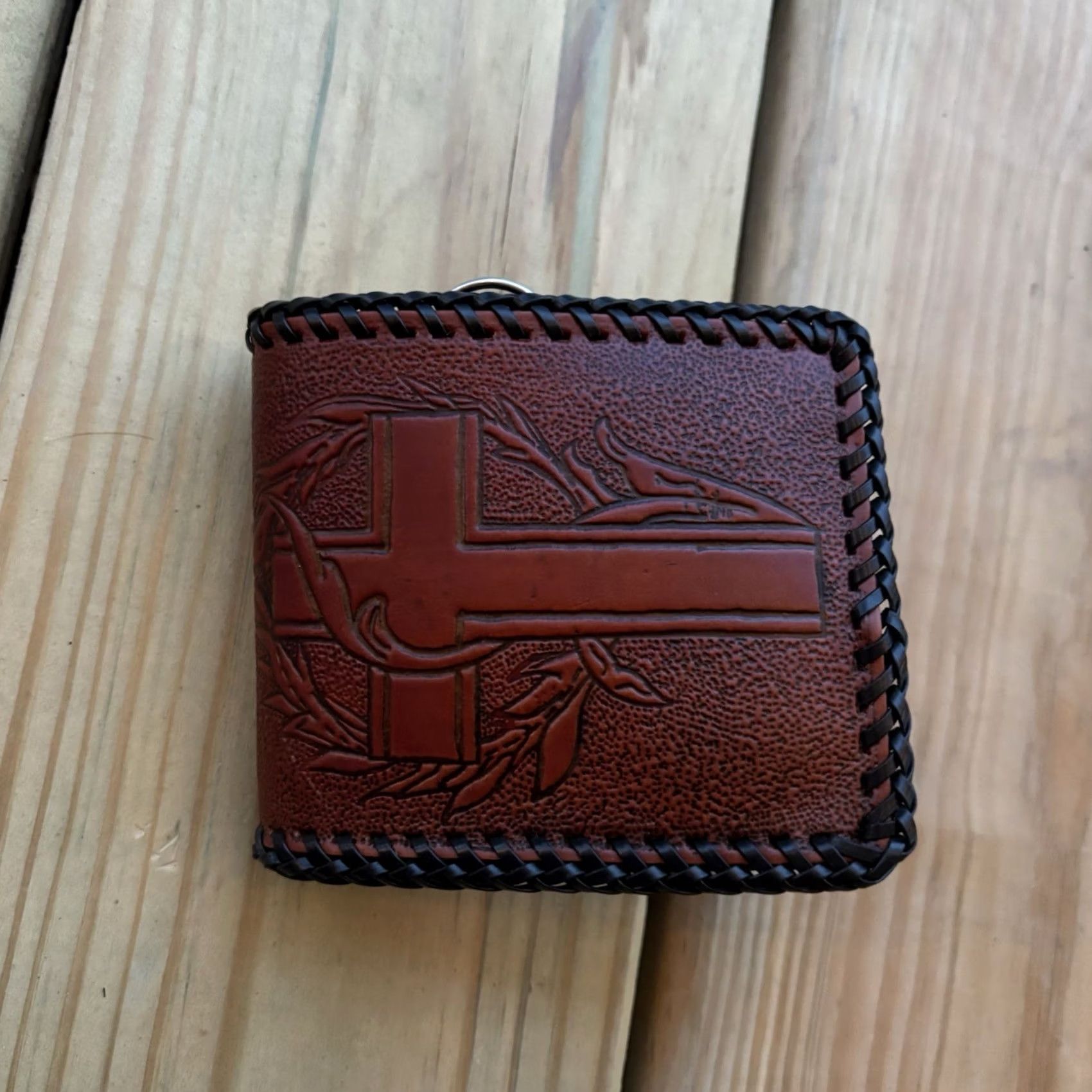 Vintage VINTAGE Leather Wallet Bi Fold Hand Tooled Whipstitch Prayer JESUS CHRIST Wallet Mens Brown Leather Fold Wallet Prayers 9x4 INCHes Handmade USA Size ONE SIZE - 5 Thumbnail