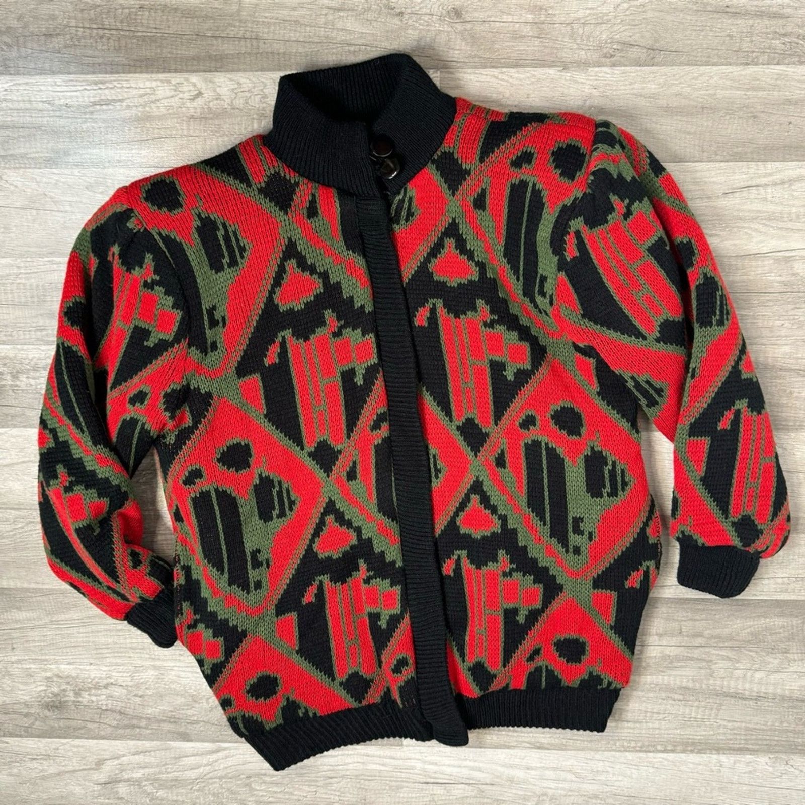 Vintage Vintage 80s Abstract Knit Bomber Jacket Red Green Black Size US L / EU 52-54 / 3 - 3 Thumbnail