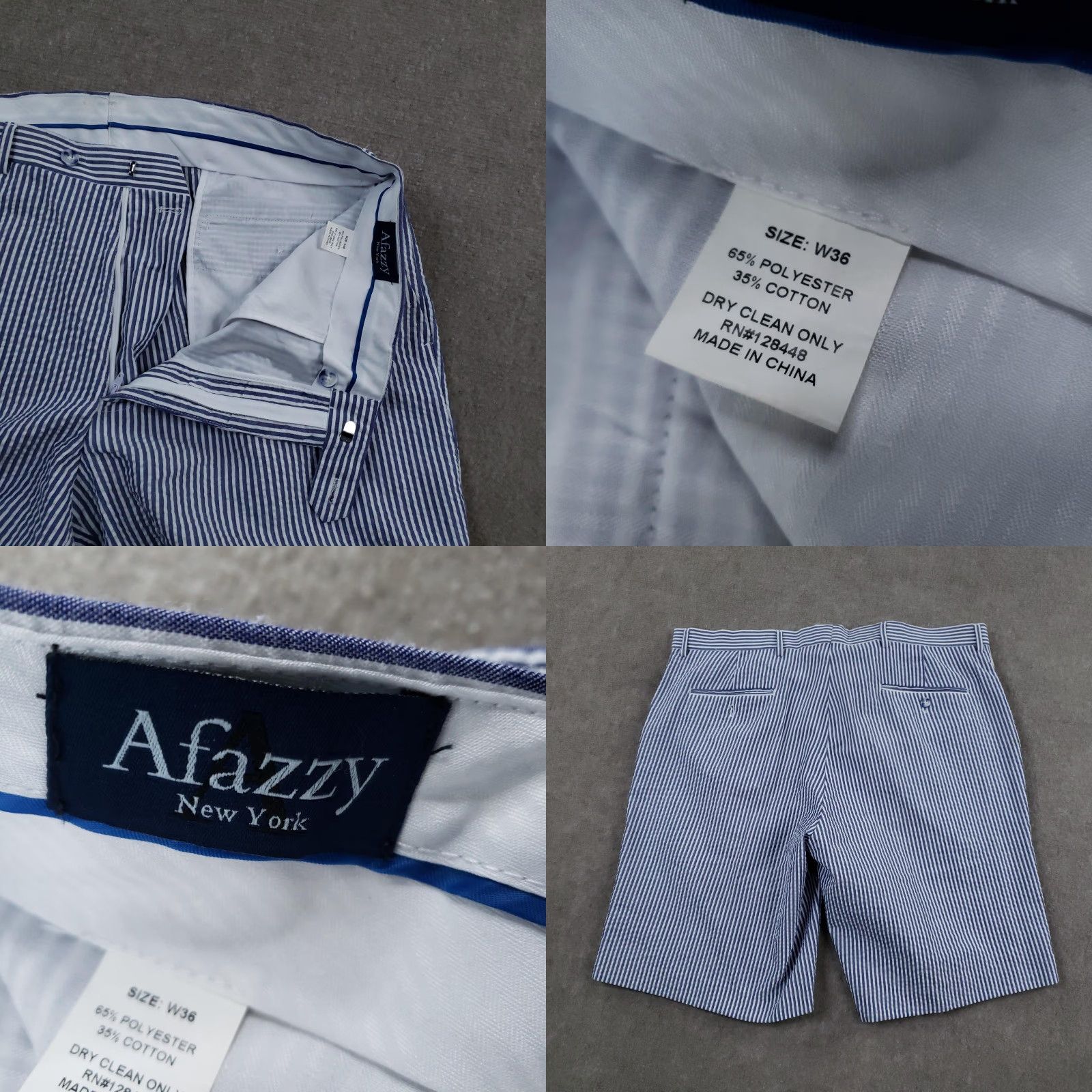 Vintage Afazzy New York Shorts Mens 36 Chino Casual Blue White Striped Seersucker 65% Polyester 35% Cotton Flat Front Zip Fly Pockets Size US 36 / EU 52 - 8 Thumbnail