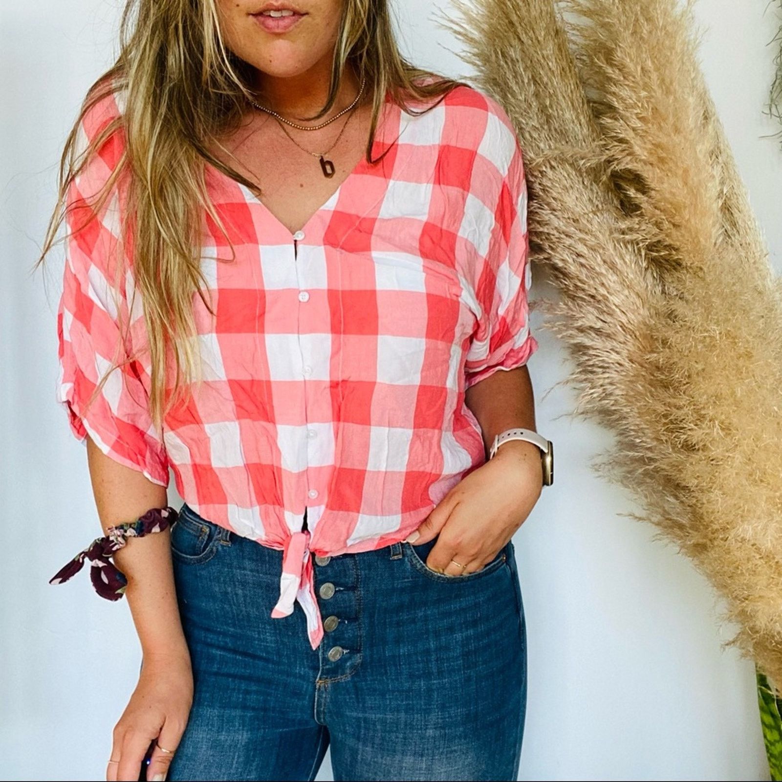 Express EXPRESS Pink Salmon White Picnic Button Tie Blouse Shirt Top Size S / US 4 / IT 40 - 1 Thumbnail