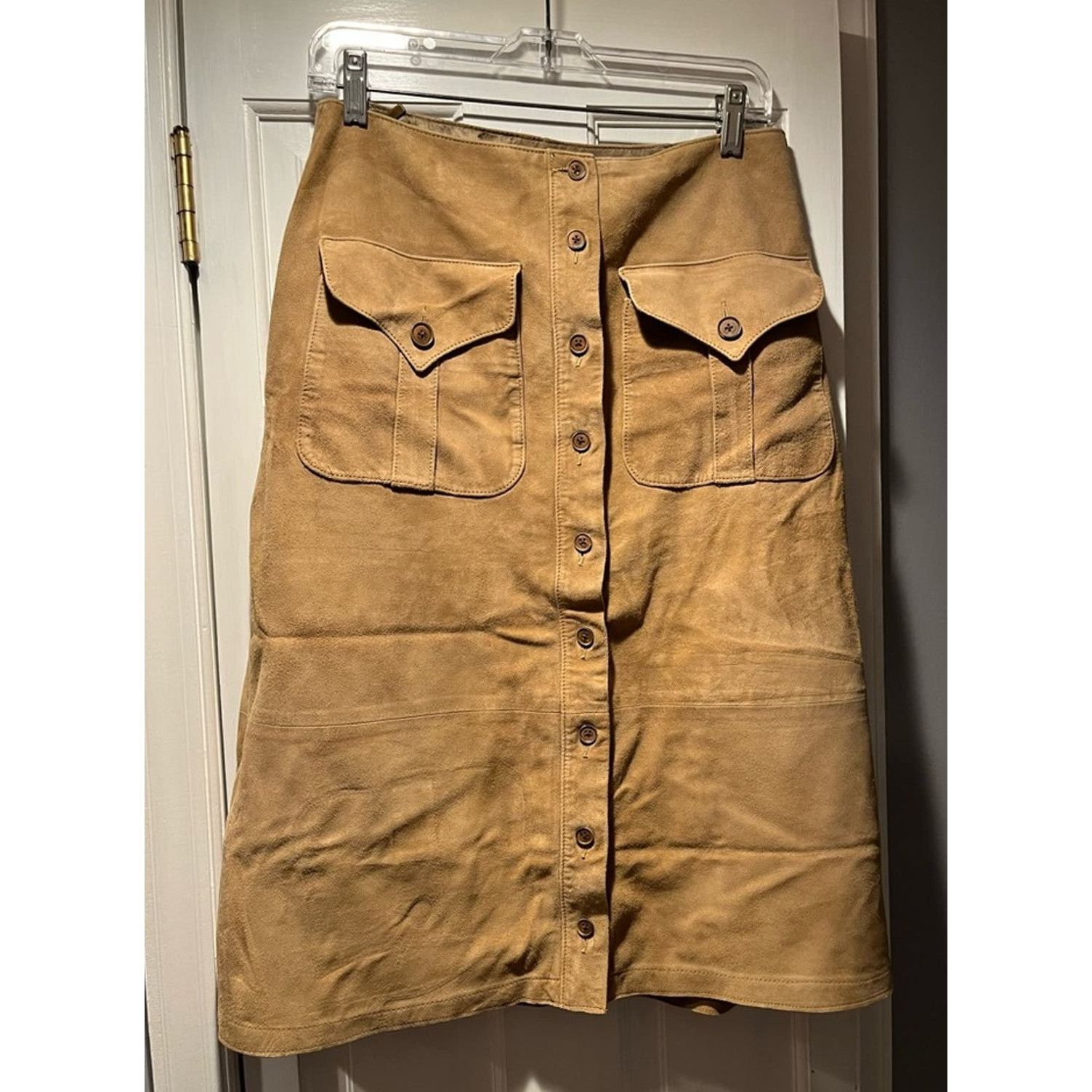 image of Ralph Laurent Tan Equestrian Pencil Suede Leather Skirt 10, Women's (Size 32)