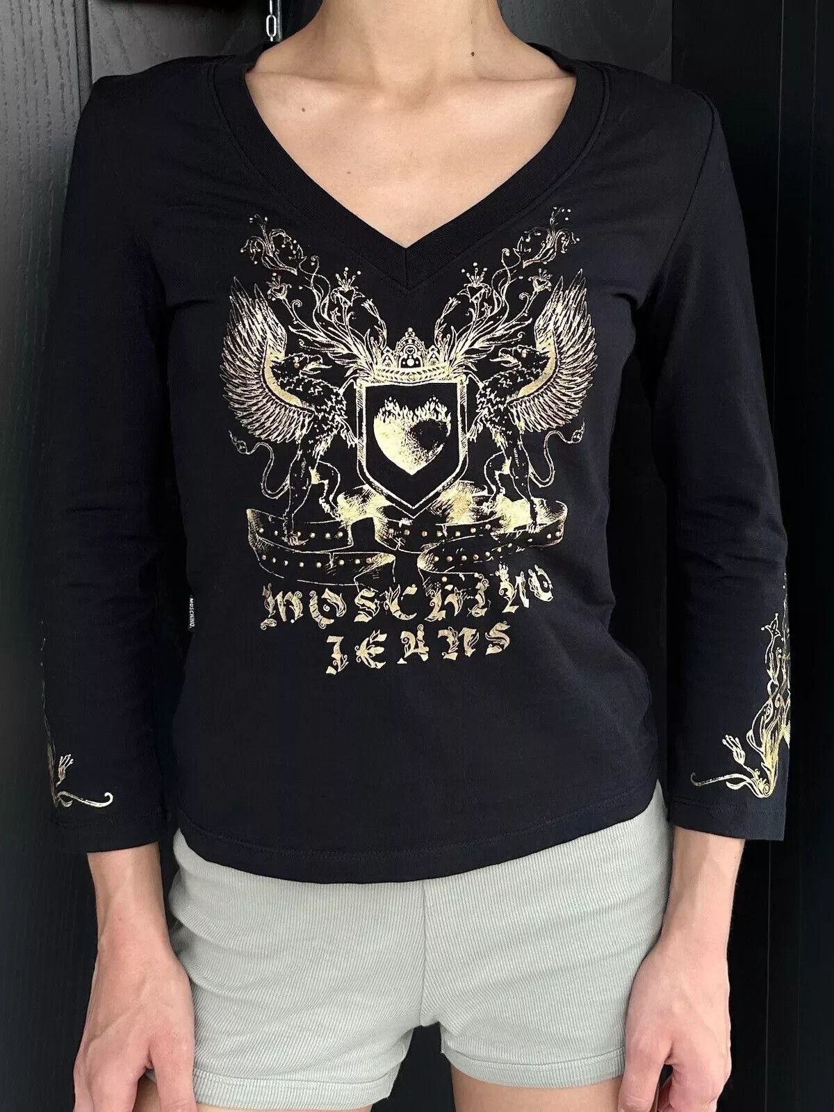 Moschino Moschino Jeans Donna Top Y2K Gold Logo Printed Cotton Womens Size M / US 6-8 / IT 42-44 - 2 Thumbnail