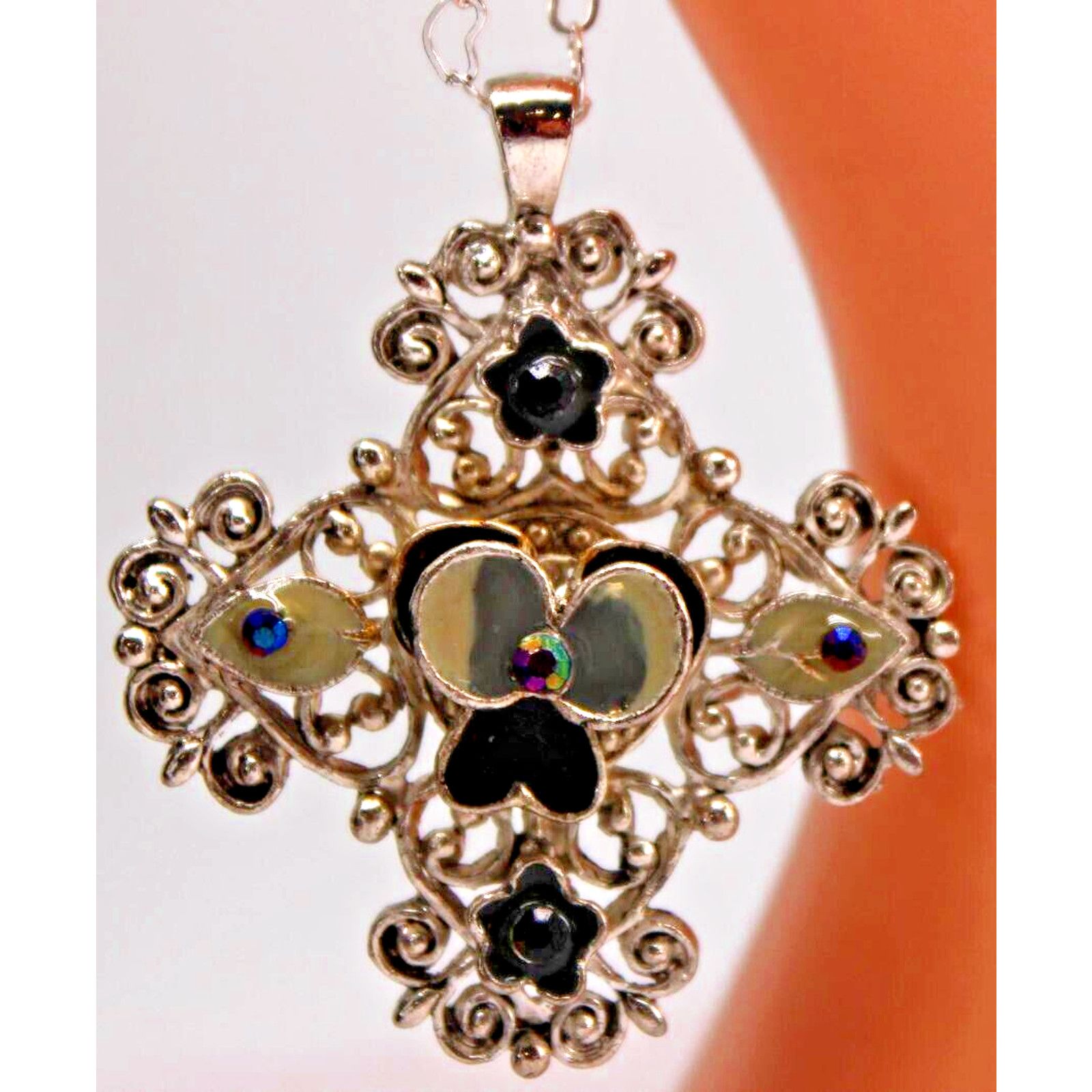 Other Silvertone Enamel Pansy AB Rhinestone Cross Necklace 24" Size ONE SIZE - 1 Thumbnail