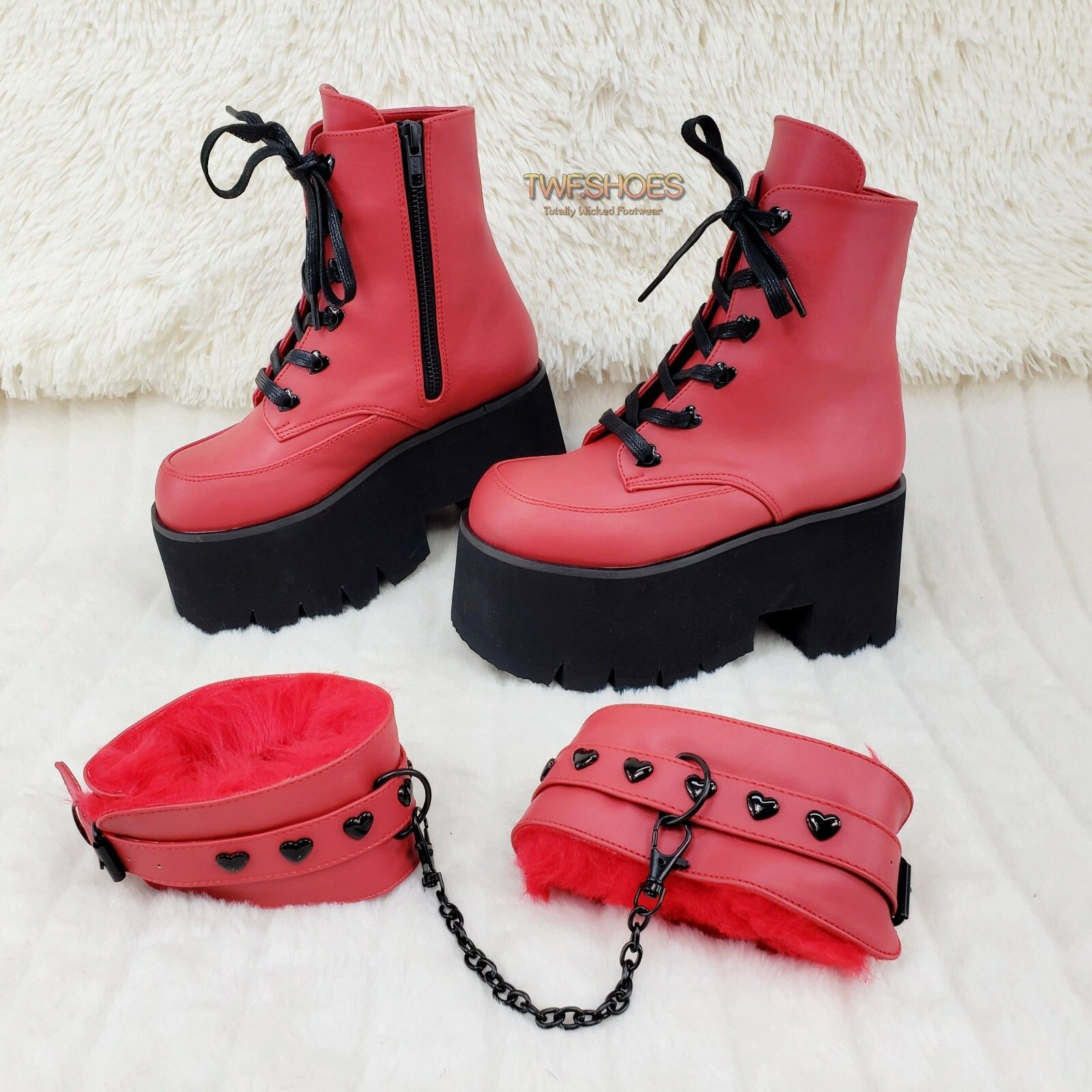 Other Ashes 57 RED Heart Studs 3.5" Platform Goth Boots Fur Lined Size US 10 / IT 40 - 8 Thumbnail