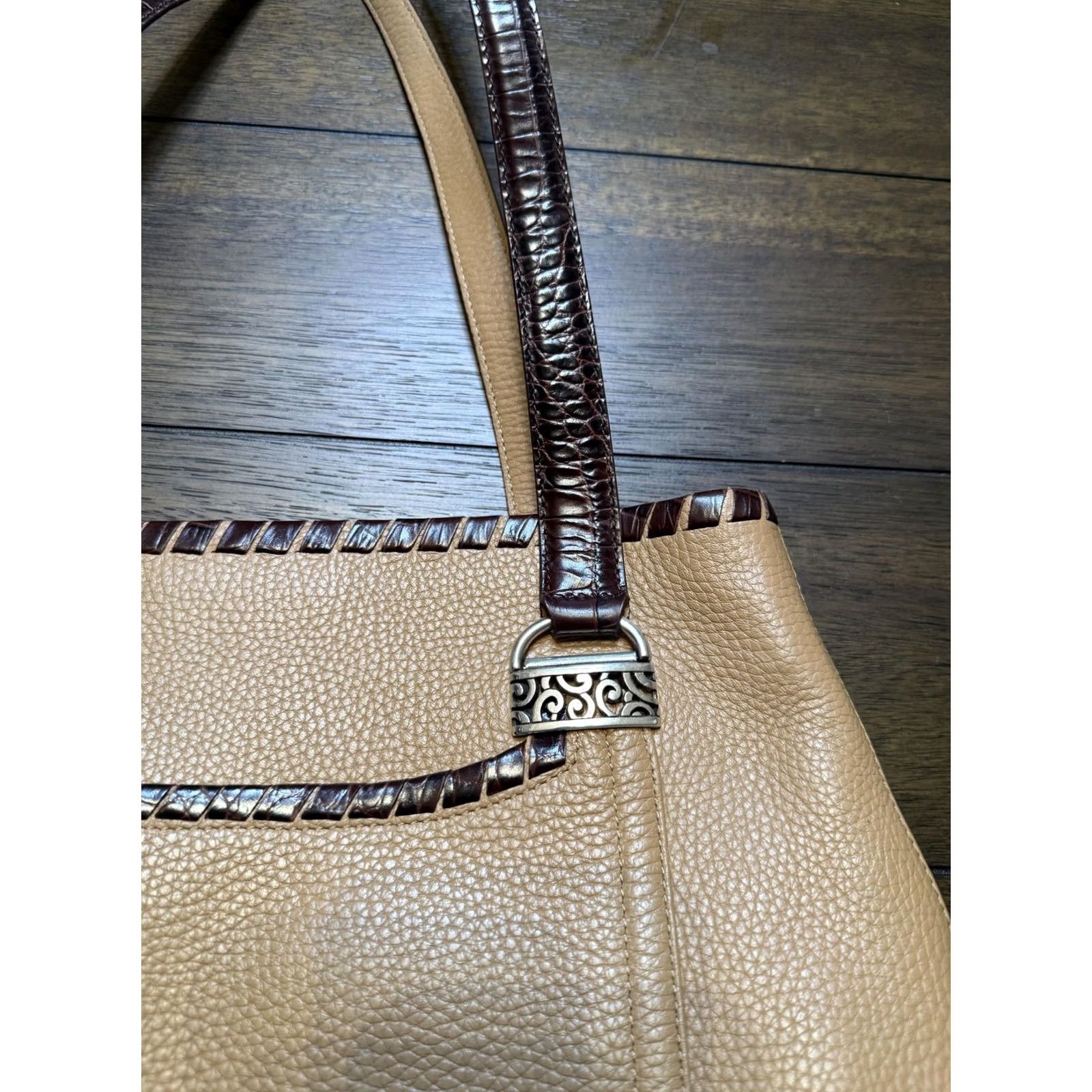 Brighton Brighton Tote Bag Womens Large Tan Leather Shoulder Purse Brown Croc Trim Scroll Size ONE SIZE - 5 Thumbnail