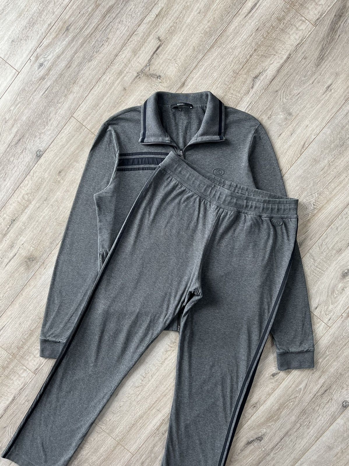 image of Gucci Sweatsuit Track Cotton Zip Sweatshirt/pants GG Logo in Grey, Men's (Size Large)