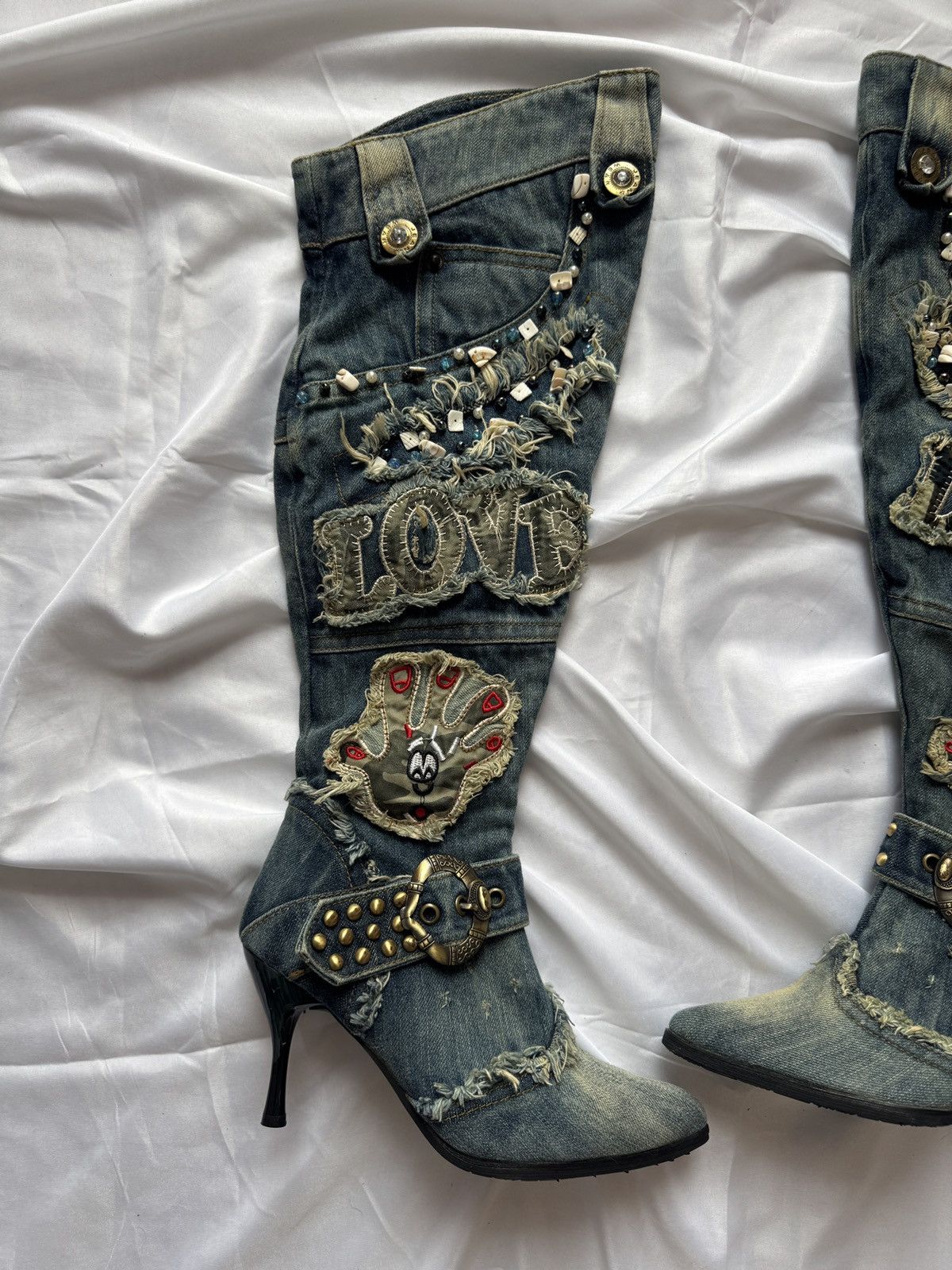 Hysteric Glamour Y2K Vintage Distressed Patchwork Knee-High Jeans Boots Size US 7 / IT 37 - 4 Thumbnail