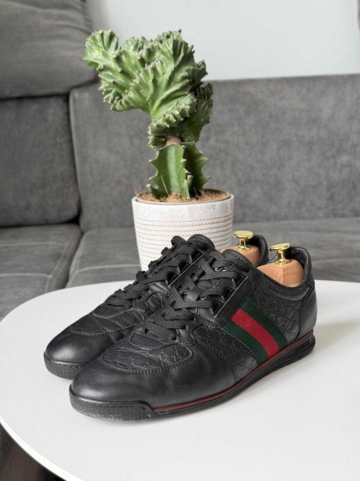 Gucci Gucci Black GG Guccissima Leather Sneakers Stripe Low Top Size US 10 / IT 40 - 8 Thumbnail
