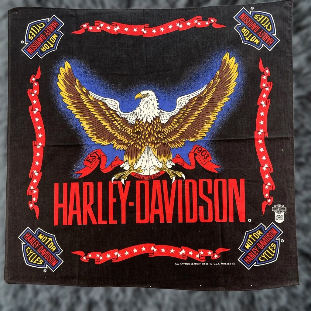 Harley Davidson VINTAGE Harley-Davidson Bandana Black Eagle Red Stars Motorcycle Made USA 90s Bandana Men 21x21 Eagle Red Stars Harley-Davidson USA 90s Mens Size ONE SIZE - 1 Thumbnail